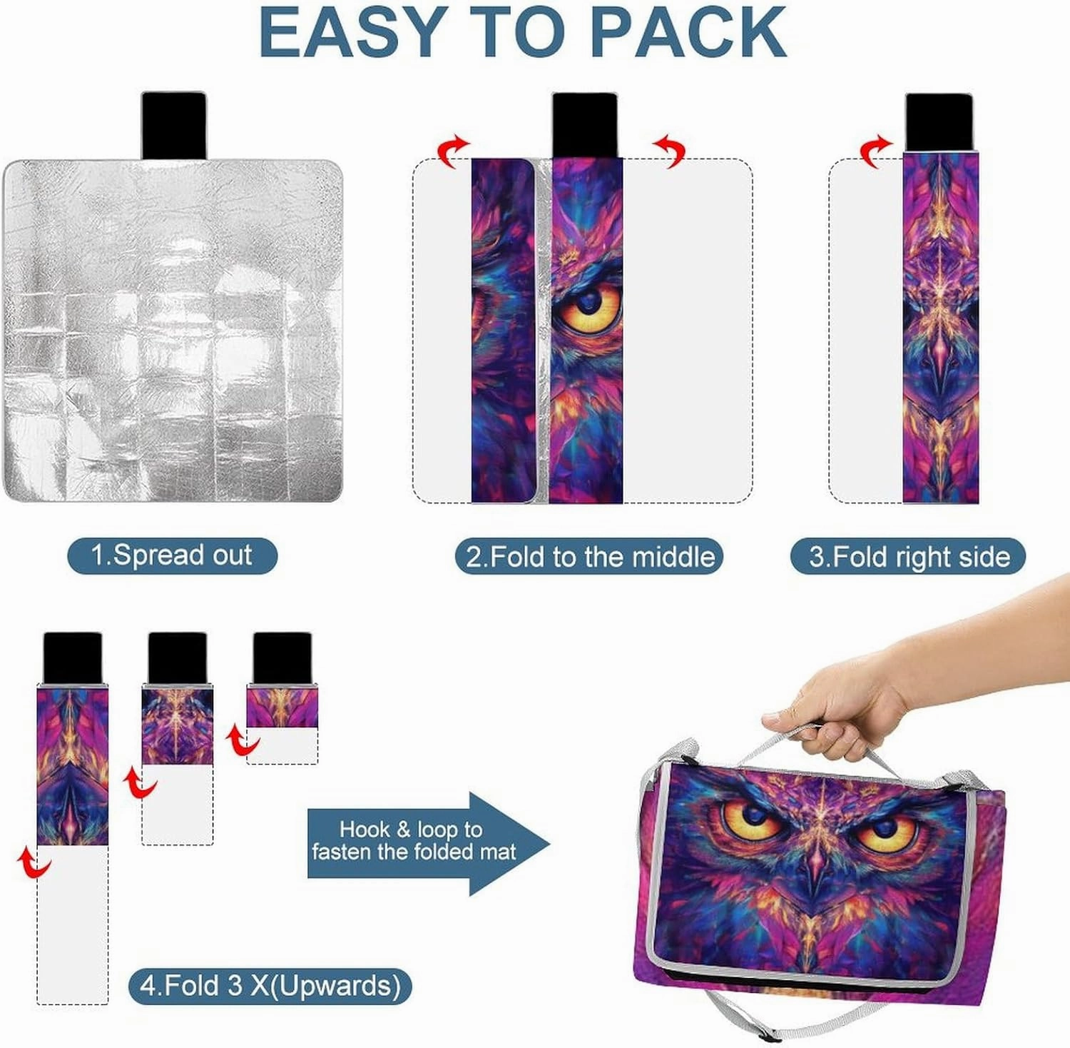 Outdoor Foldable Waterproof Mat for Unisex, Portable Cool Space Abstract Owl Trippy Art Picnic Blanket, Soft Blankets for Park Travel Grass Beach Camping