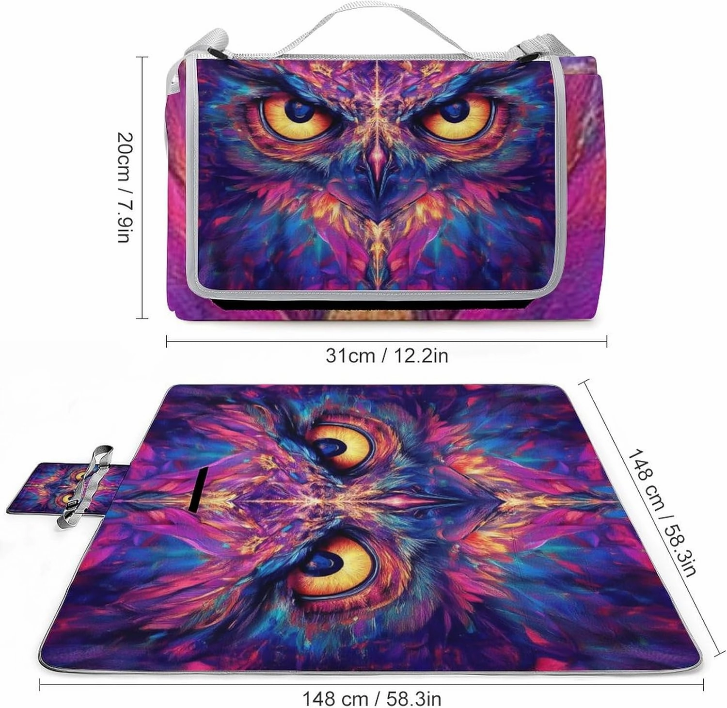 Outdoor Foldable Waterproof Mat for Unisex, Portable Cool Space Abstract Owl Trippy Art Picnic Blanket, Soft Blankets for Park Travel Grass Beach Camping