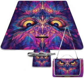 Outdoor Foldable Waterproof Mat for Unisex, Portable Cool Space Abstract Owl Trippy Art Picnic Blanket, Soft Blankets for Park Travel Grass Beach Camping