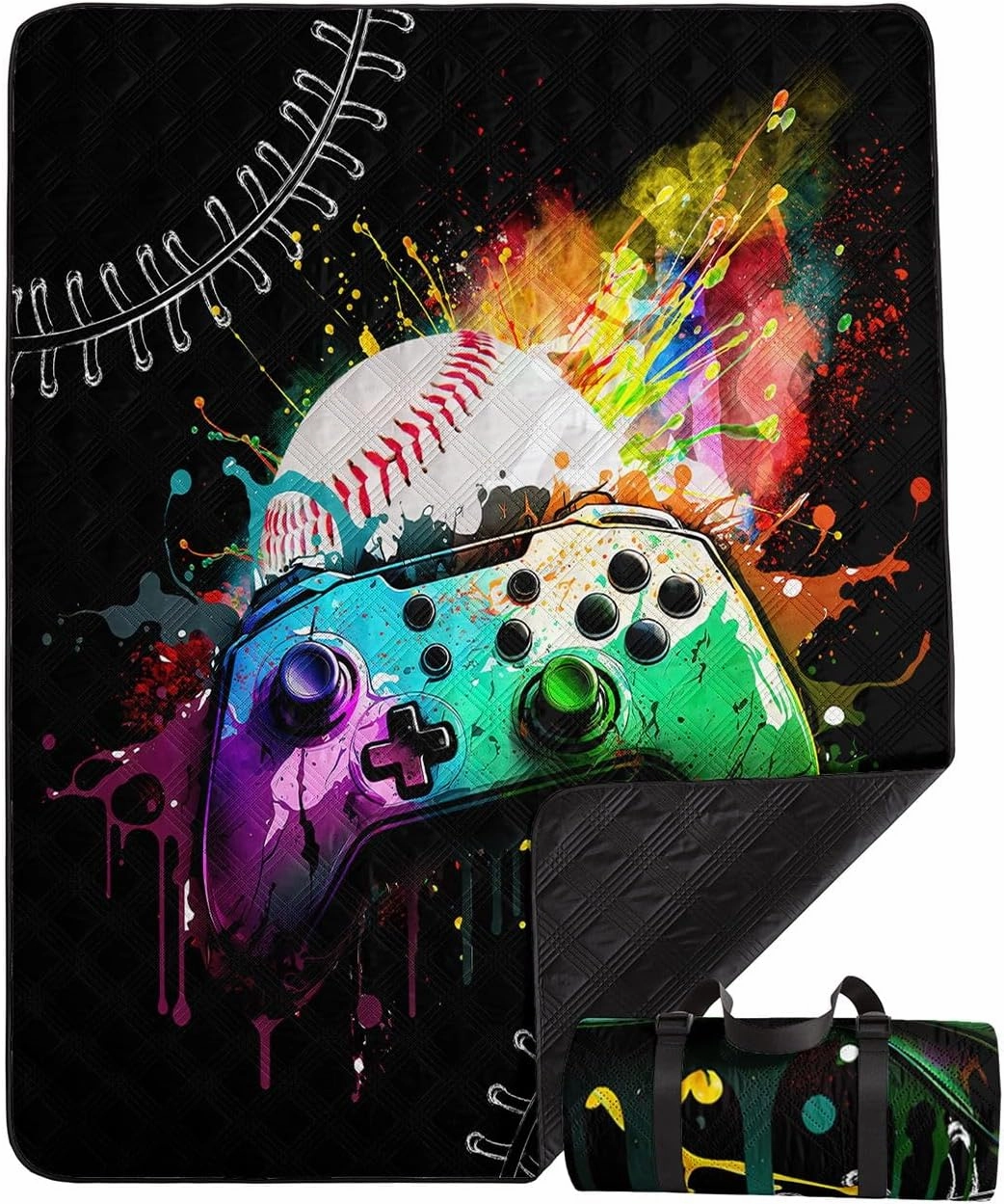 Outdoor Picnic Blanket,Portable Sandproof Waterproof Picnic Mat,Gamepad Baseball Printed Camping Beach Mat for Sand and Wet Grass Hiking (Gamepad Baseball S)