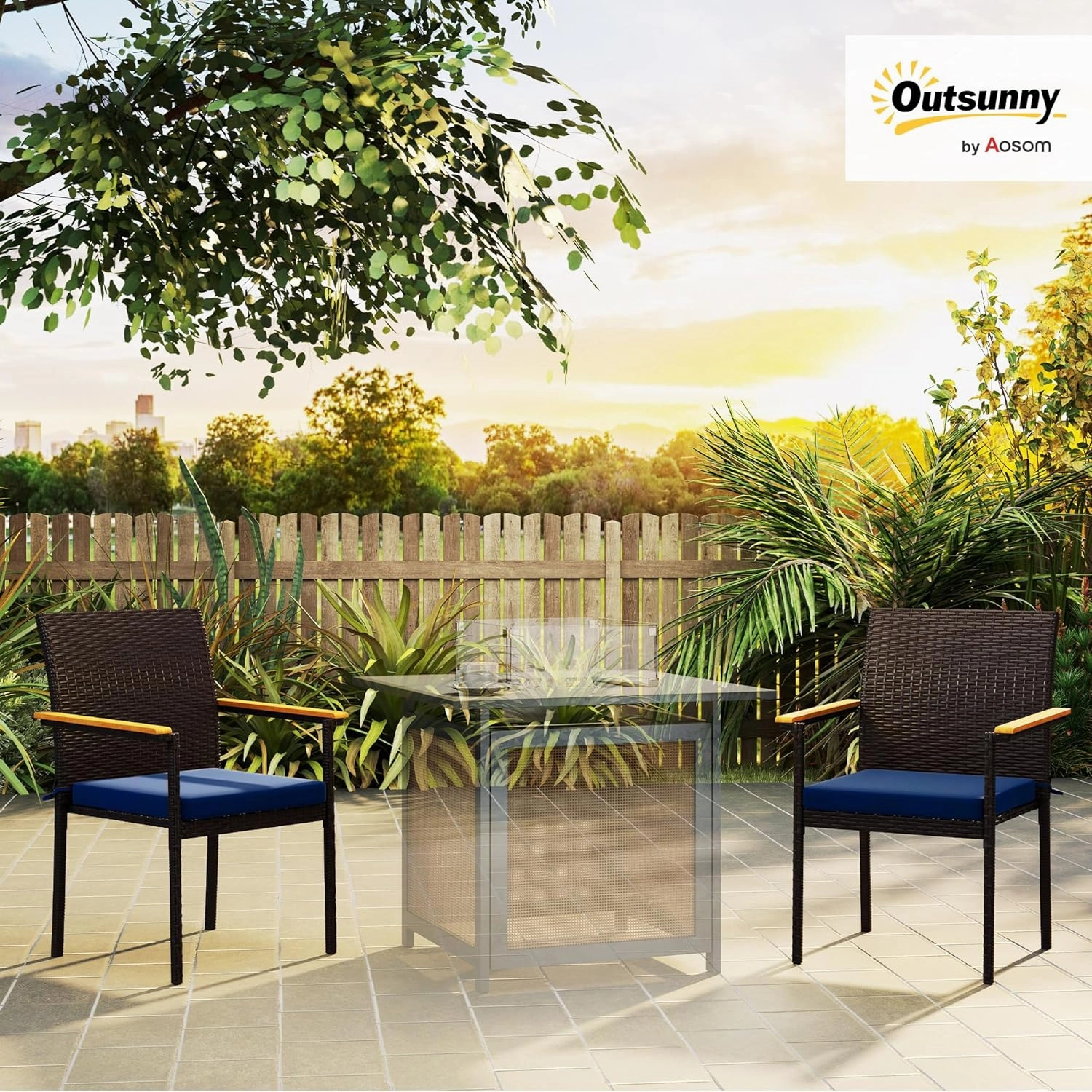 Outsunny Stackable Patio Wicker Dining Chairs Set of 2 with Cushions, PE Rattan Outdoor Dining Chairs with Backrest, Wooden Armrests for Deck, Garden, Navy Blue