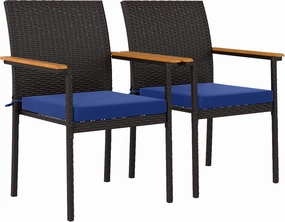Outsunny Stackable Patio Wicker Dining Chairs Set of 2 with Cushions, PE Rattan Outdoor Dining Chairs with Backrest, Wooden Armrests for Deck, Garden, Navy Blue