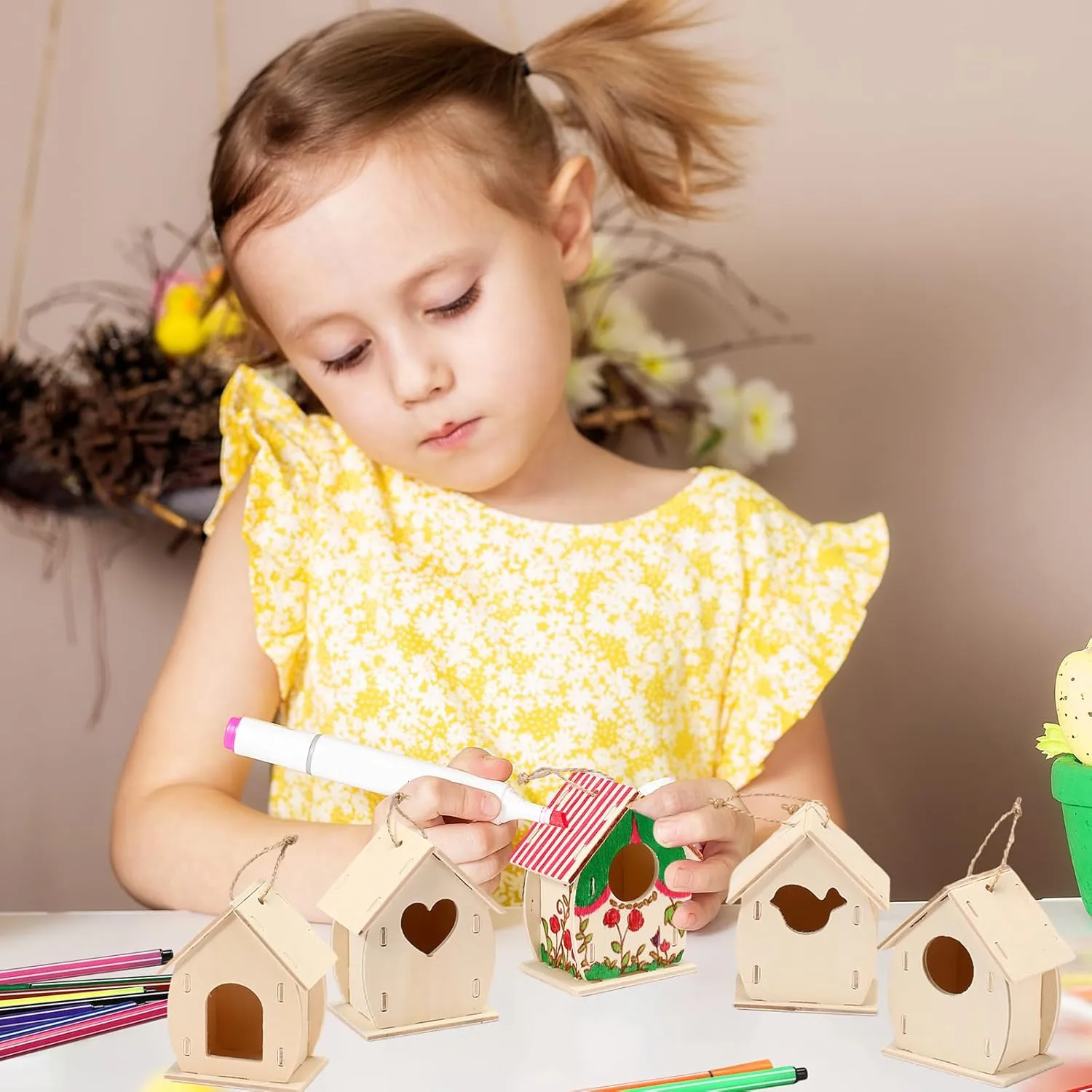 Outus 12 Pcs Wooden Birdhouse Craft Kits to Build, 4 Shapes Wooden Unfinished Bird House with Watercolor Pen and Butterfly Sticker for Boy and Girl Arts and Crafts Kits (Lovely Style, 3.6×4 Inch)