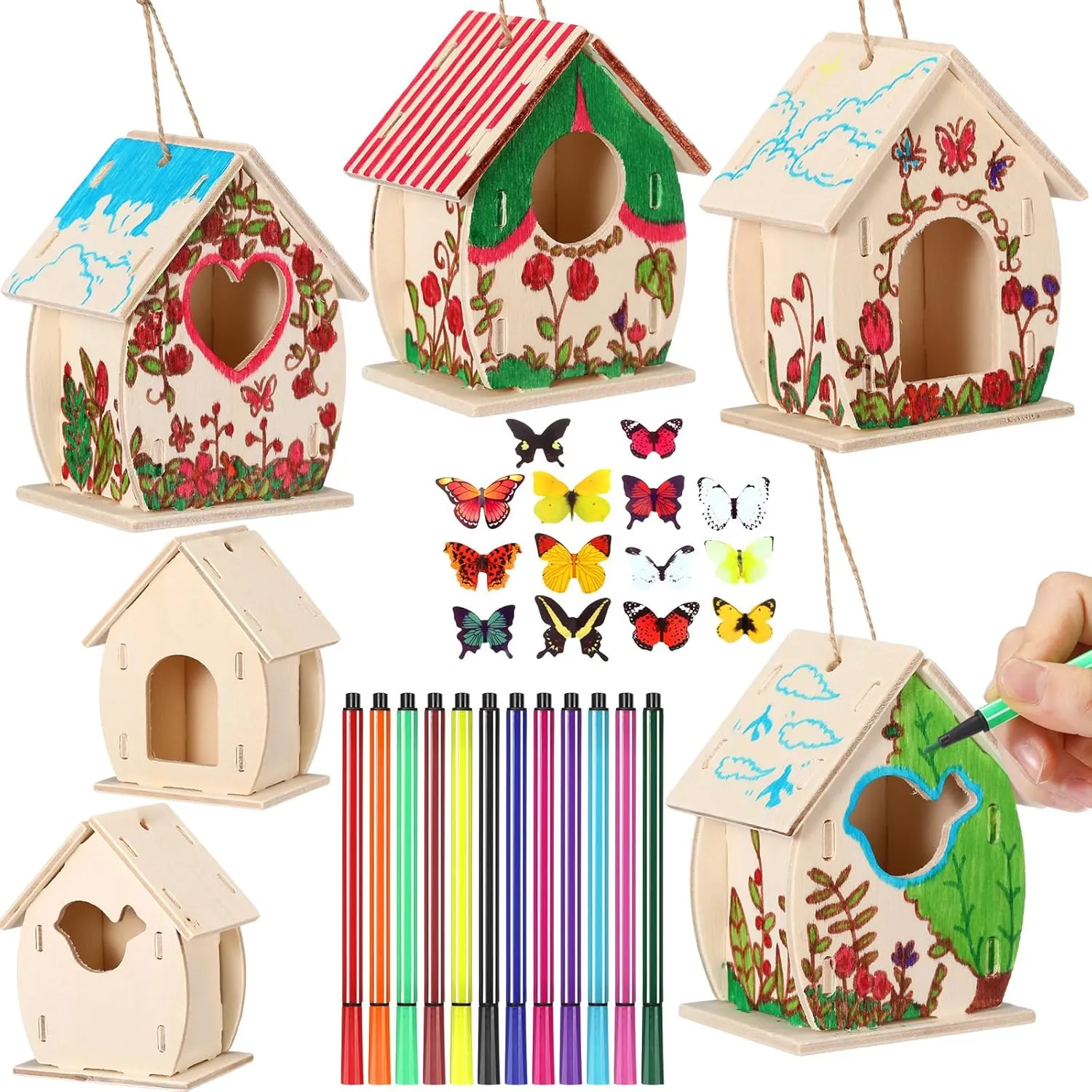 Outus 12 Pcs Wooden Birdhouse Craft Kits to Build, 4 Shapes Wooden Unfinished Bird House with Watercolor Pen and Butterfly Sticker for Boy and Girl Arts and Crafts Kits (Lovely Style, 3.6×4 Inch)