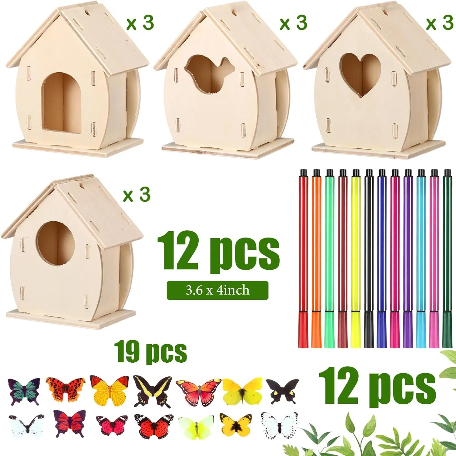 Outus 12 Pcs Wooden Birdhouse Craft Kits to Build, 4 Shapes Wooden Unfinished Bird House with Watercolor Pen and Butterfly Sticker for Boy and Girl Arts and Crafts Kits (Lovely Style, 3.6×4 Inch)