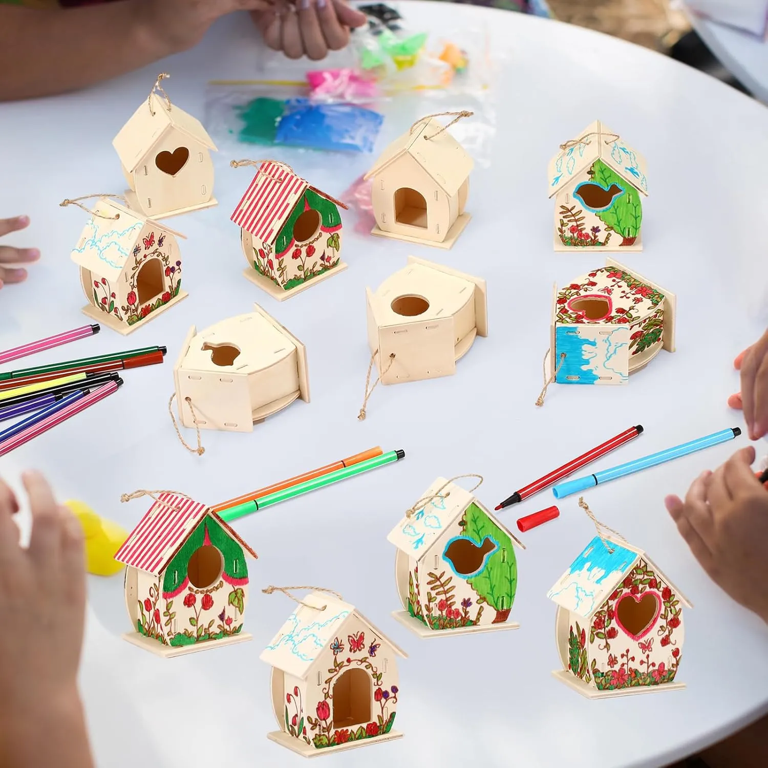Outus 12 Pcs Wooden Birdhouse Craft Kits to Build, 4 Shapes Wooden Unfinished Bird House with Watercolor Pen and Butterfly Sticker for Boy and Girl Arts and Crafts Kits (Lovely Style, 3.6×4 Inch)