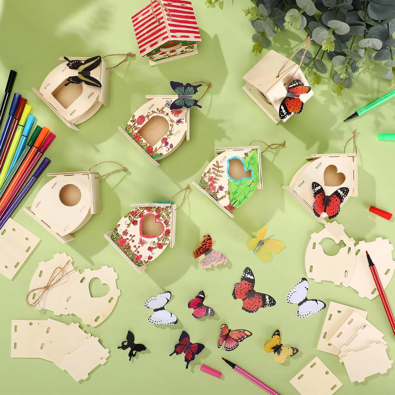 Outus 12 Pcs Wooden Birdhouse Craft Kits to Build, 4 Shapes Wooden Unfinished Bird House with Watercolor Pen and Butterfly Sticker for Boy and Girl Arts and Crafts Kits (Lovely Style, 3.6×4 Inch)