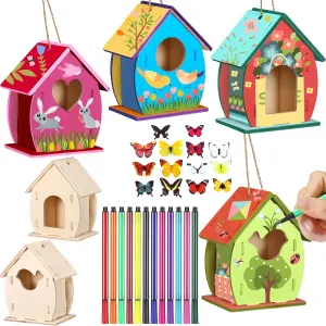 Outus 12 Pcs Wooden Birdhouse Craft Kits to Build, 4 Shapes Wooden Unfinished Bird House with Watercolor Pen and Butterfly Sticker for Boy and Girl Arts and Crafts Kits (Lovely Style, 3.6×4 Inch)