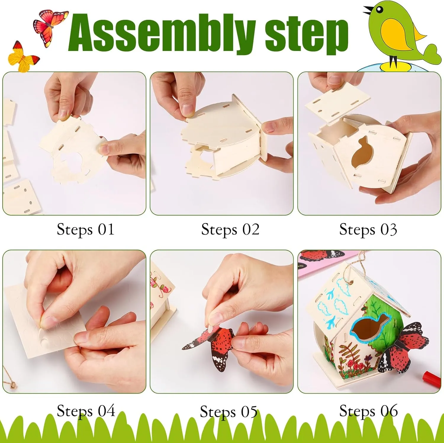 Outus 12 Pcs Wooden Birdhouse Craft Kits to Build, 4 Shapes Wooden Unfinished Bird House with Watercolor Pen and Butterfly Sticker for Boy and Girl Arts and Crafts Kits (Lovely Style, 3.6×4 Inch)