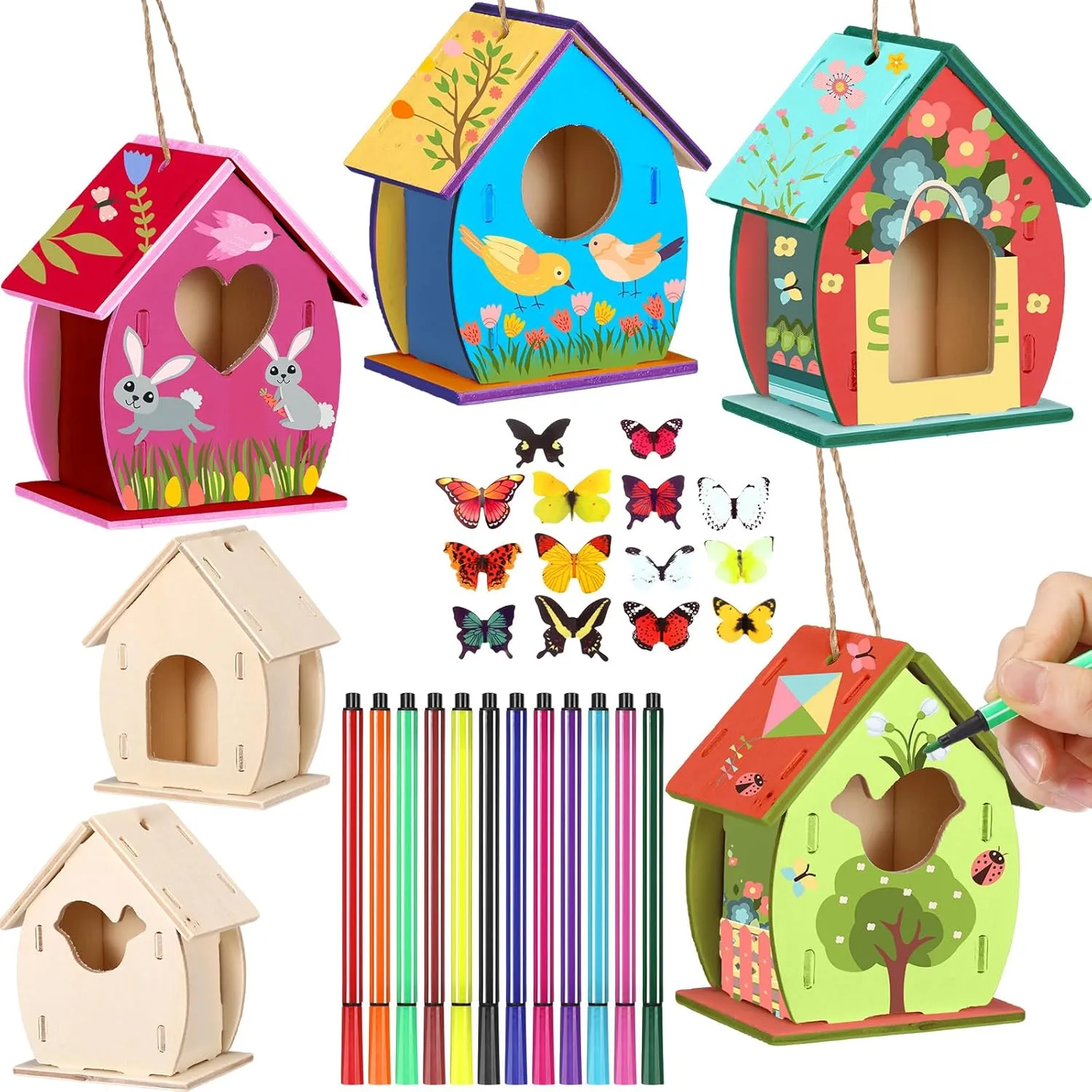 Outus 12 Pcs Wooden Birdhouse Craft Kits to Build, 4 Shapes Wooden Unfinished Bird House with Watercolor Pen and Butterfly Sticker for Boy and Girl Arts and Crafts Kits (Lovely Style, 3.6×4 Inch)