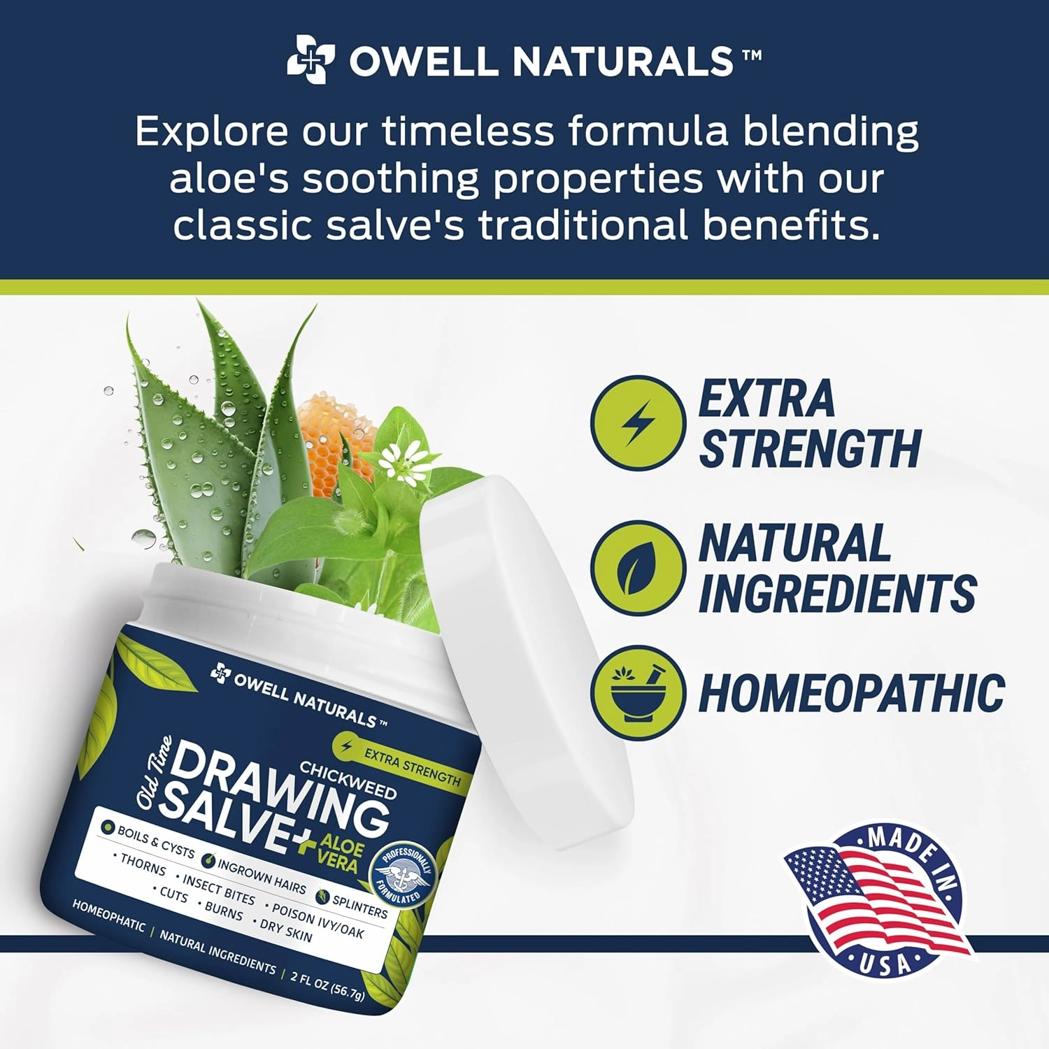 OWELL NATURALS Chickweed Drawing Salve Aloe Vera, for boils & Cyst, Splinters, Poison Ivy/Oak, Skin Disorder, Irritations, Burns, Minor Cuts, Dry Skin, Mosquito Bite Itch, 2 oz