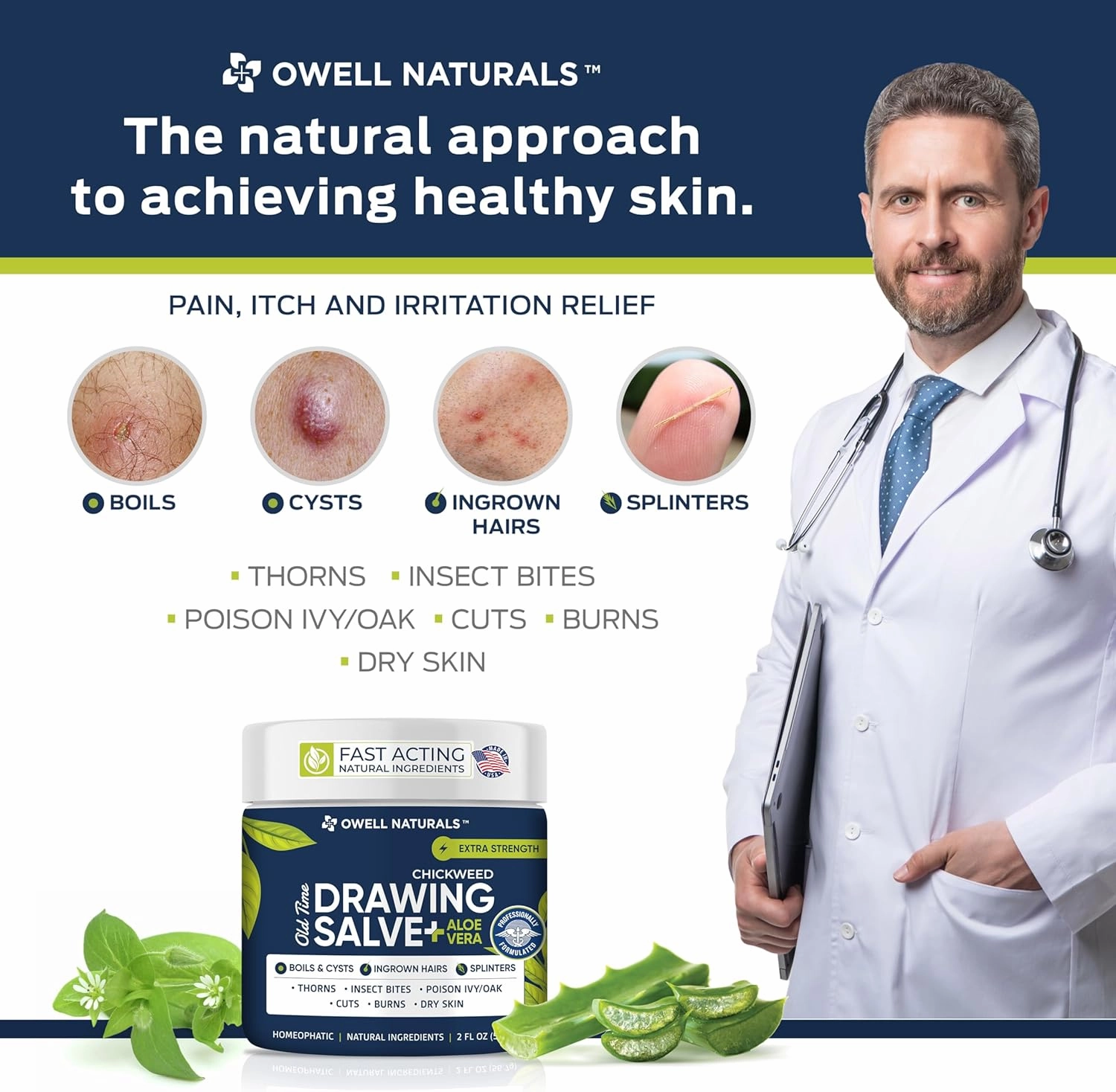 OWELL NATURALS Chickweed Drawing Salve Aloe Vera, for boils & Cyst, Splinters, Poison Ivy/Oak, Skin Disorder, Irritations, Burns, Minor Cuts, Dry Skin, Mosquito Bite Itch, 2 oz