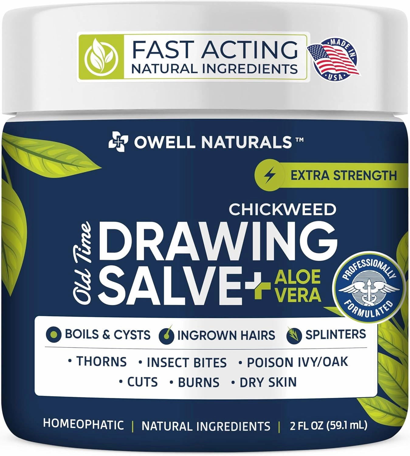 OWELL NATURALS Chickweed Drawing Salve Aloe Vera, for boils & Cyst, Splinters, Poison Ivy/Oak, Skin Disorder, Irritations, Burns, Minor Cuts, Dry Skin, Mosquito Bite Itch, 2 oz