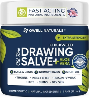 OWELL NATURALS Chickweed Drawing Salve Aloe Vera, for boils & Cyst, Splinters, Poison Ivy/Oak, Skin Disorder, Irritations, Burns, Minor Cuts, Dry Skin, Mosquito Bite Itch, 2 oz