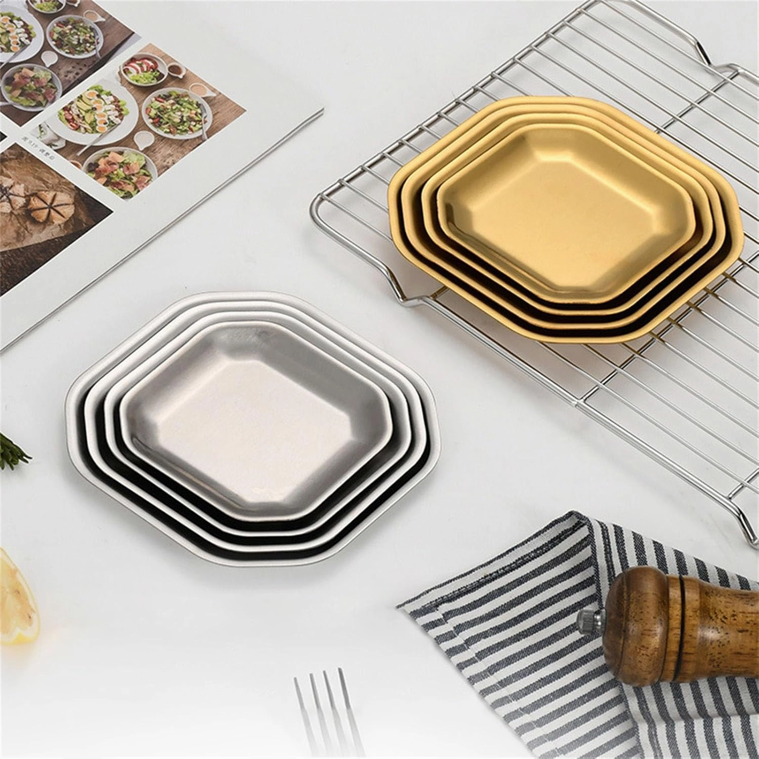 Pack Of 4 Distinctive Gold/Silver Stainless Steel Plates Various Dinnerware For Home Camping And Outdoors Dining