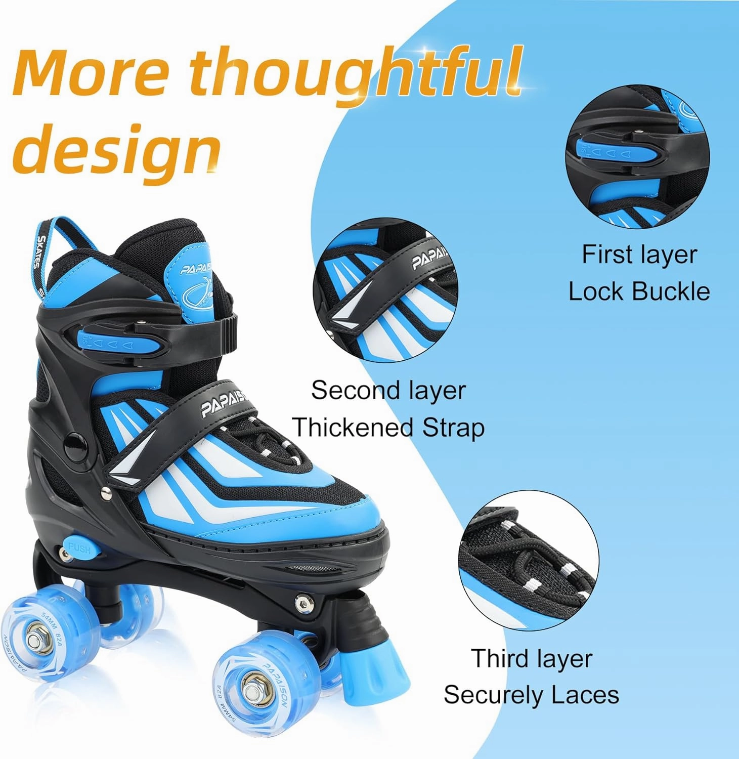 PAPAISON Kids Roller Skates for Boys Girls, 4 Size Adjustable Rollerskates with Light Up Wheels for Kids Ages 4-12