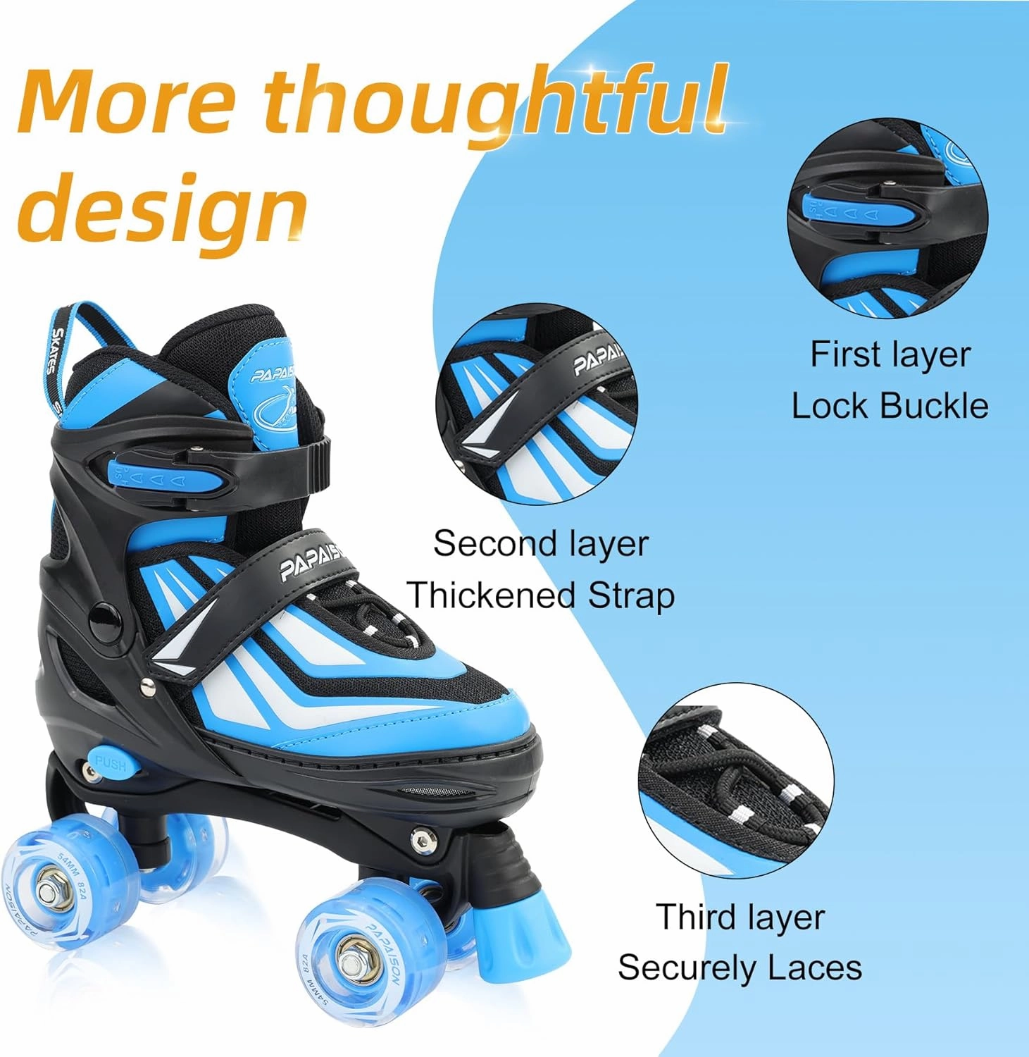 PAPAISON Kids Roller Skates for Boys Girls, 4 Size Adjustable Rollerskates with Light Up Wheels for Kids Ages 4-12