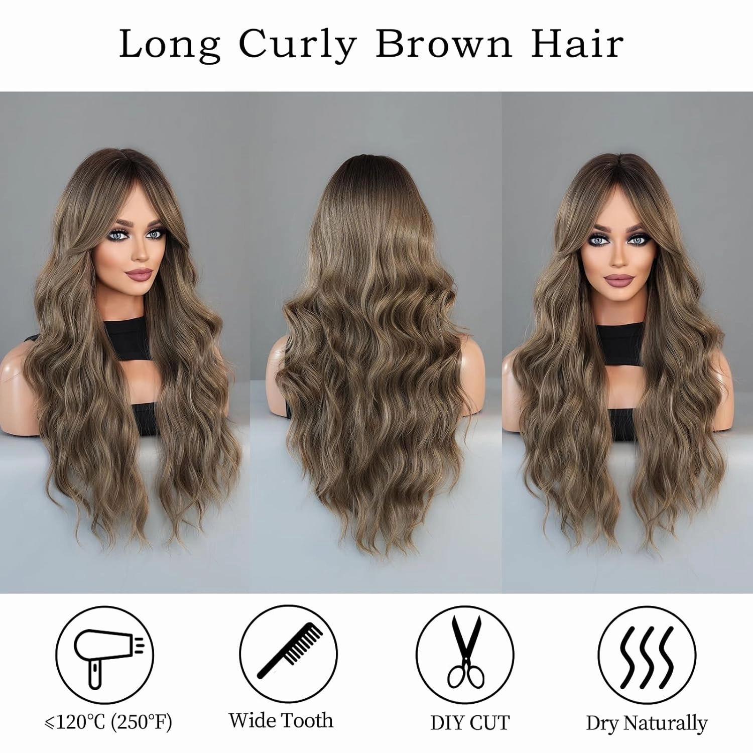 PARK YUN Long Wavy Light Brown Wigs With Bangs 26 Inch Ombre Dirty Blonde Curtain Bangs Synthetic Heat Resistant Wig With Dark Roots Natural Dark Blonde Brown Brunette Wigs For Women