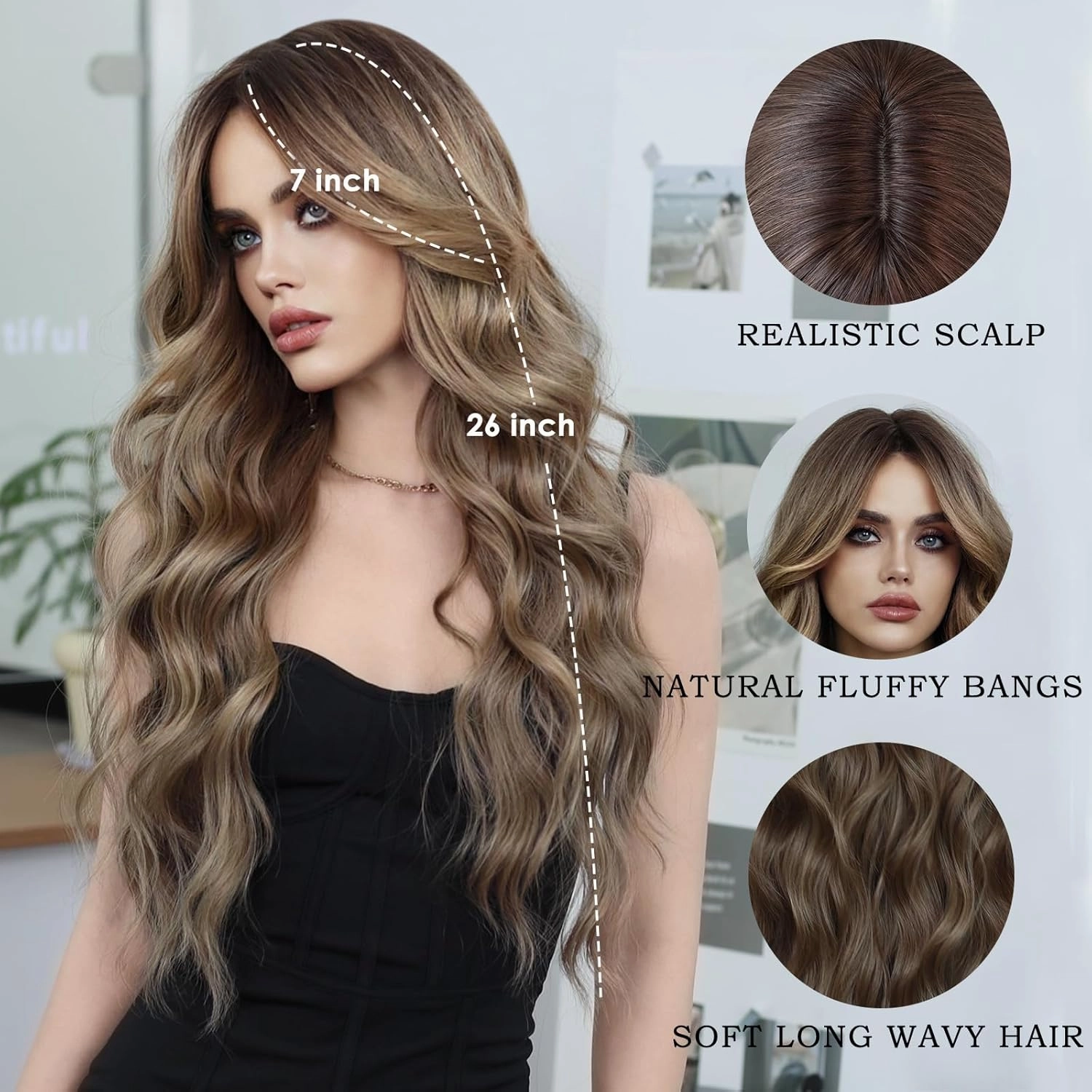 PARK YUN Long Wavy Light Brown Wigs With Bangs 26 Inch Ombre Dirty Blonde Curtain Bangs Synthetic Heat Resistant Wig With Dark Roots Natural Dark Blonde Brown Brunette Wigs For Women