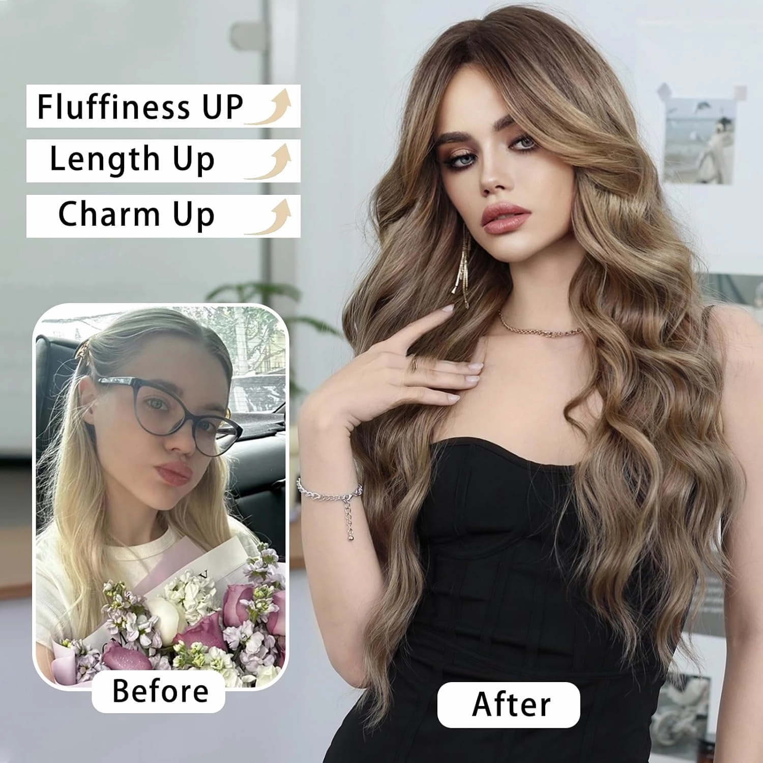 PARK YUN Long Wavy Light Brown Wigs With Bangs 26 Inch Ombre Dirty Blonde Curtain Bangs Synthetic Heat Resistant Wig With Dark Roots Natural Dark Blonde Brown Brunette Wigs For Women