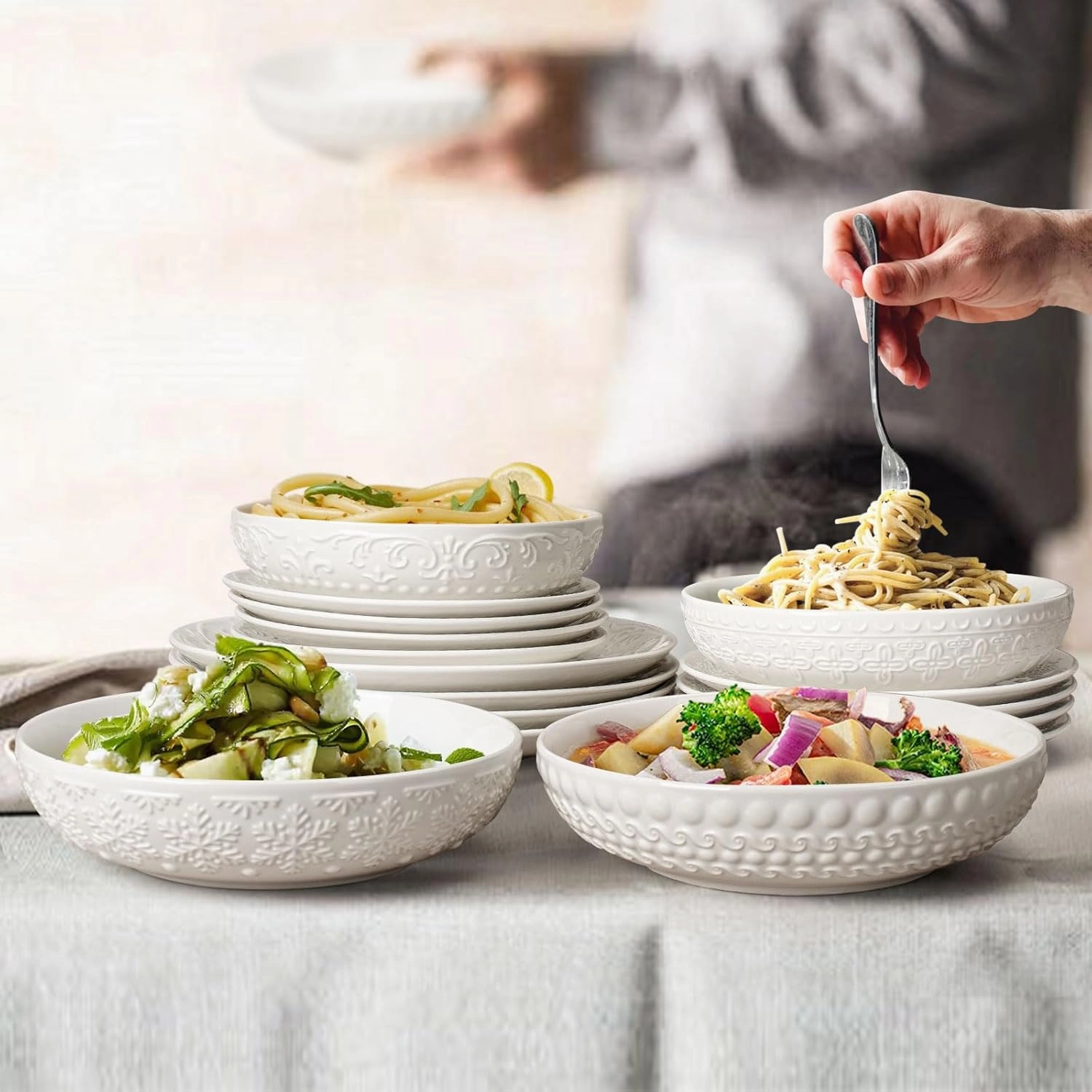 Pasta Bowls, 32oz Salad Bowls Set of 4, White Ceramic Soup Bowls 8 Inch Embossment Large Serving Bowl Wide and Shallow Bowls for Kitchen, Microwave & Dishwasher Safe (Brocade Flower)