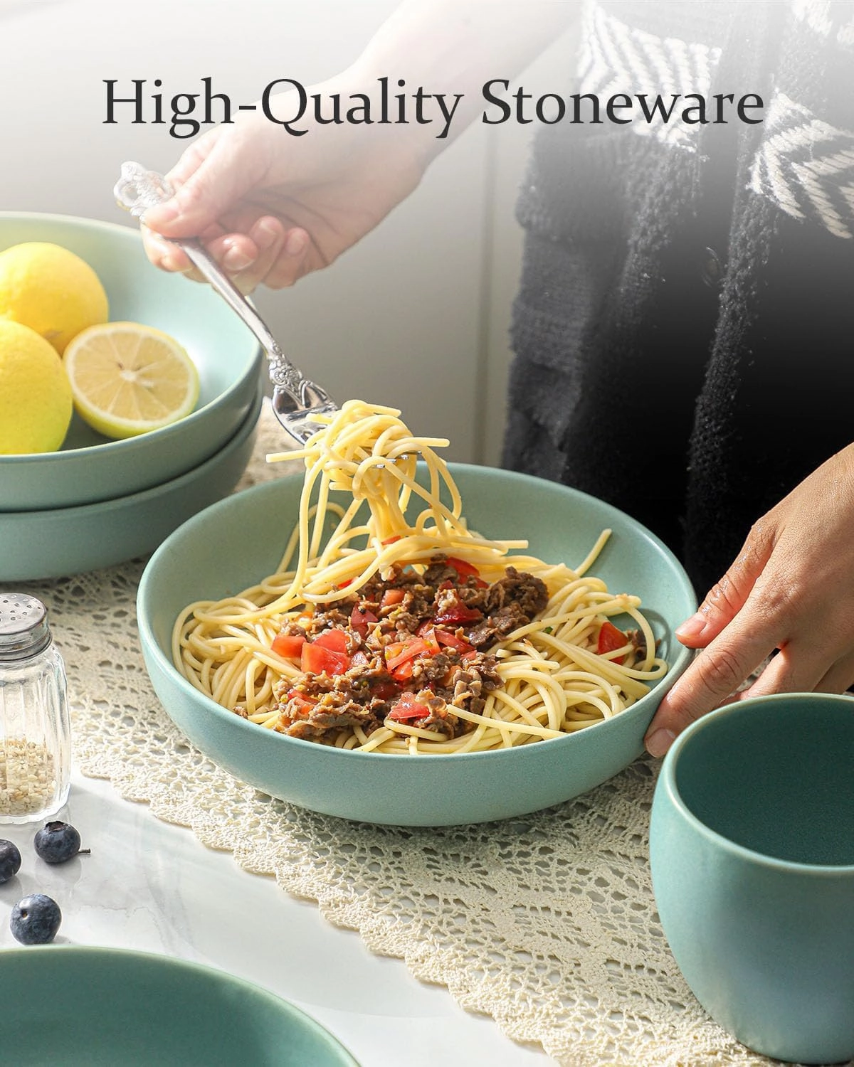 Pasta Bowls Set of 2, 34 oz Stoneware Salad Bowls Set, Large Kitchen Bowls for Pasta, Salad, Farmhouse Serving Bowls for Home Decor Gift, Microwave & Dishwasher Safe, Matte Turquoise