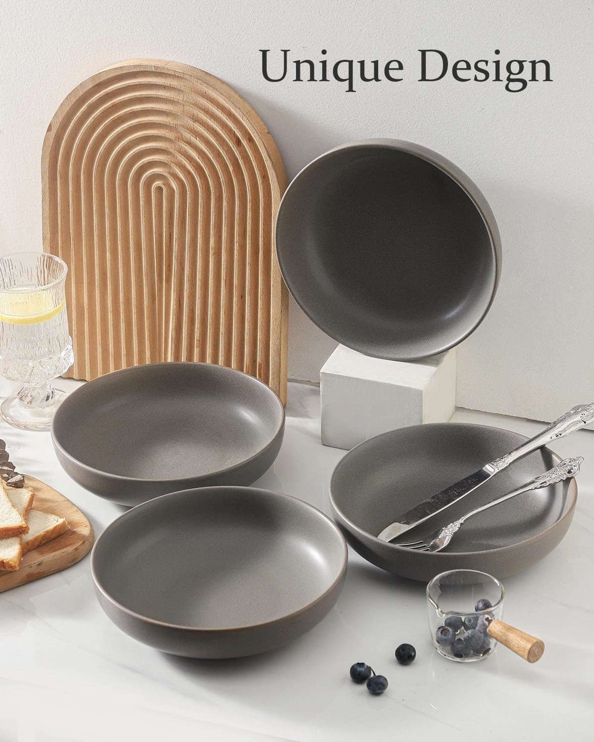 Pasta Bowls Set of 4, 34 oz Stoneware Salad Bowls, Ceramic Serving Bowls for Kitchen, Deep Pasta Bowls for Pasta, Salad, Soup, Fruit, Microwave Dishwasher Oven Safe, Matte Gray