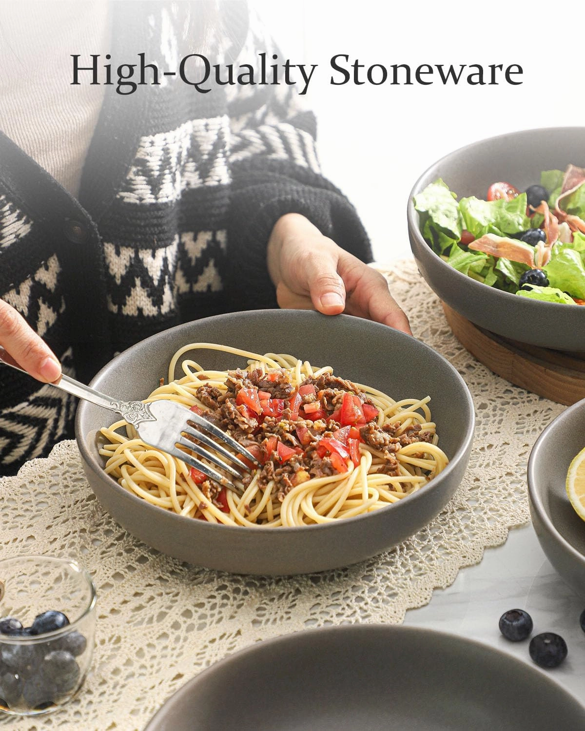 Pasta Bowls Set of 4, 34 oz Stoneware Salad Bowls, Ceramic Serving Bowls for Kitchen, Deep Pasta Bowls for Pasta, Salad, Soup, Fruit, Microwave Dishwasher Oven Safe, Matte Gray