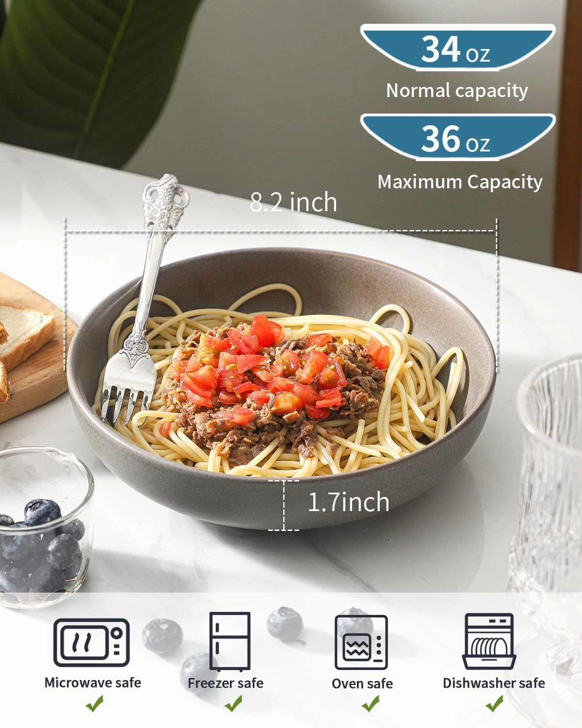 Pasta Bowls Set of 4, 34 oz Stoneware Salad Bowls, Ceramic Serving Bowls for Kitchen, Deep Pasta Bowls for Pasta, Salad, Soup, Fruit, Microwave Dishwasher Oven Safe, Matte Gray