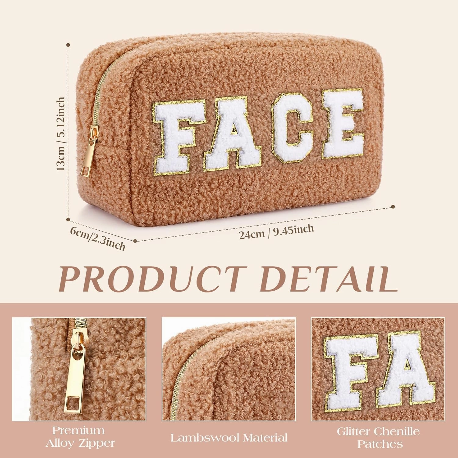 Paterr 4 Pcs Chenille Letter Preppy Patches Makeup Bag Plush Fuzzy Makeup Pouch Hair Skin Face Stuff Bag Large Cosmetic Purse Zipper Travel Toiletry Kit for Spring Gift(Brown Colors)