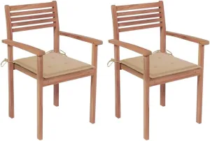 Patio Chairs 2 Pcs with Beige Cushions Solid Teak Wood Outdoor Stackable Chairs for Home Office Bar Cafe