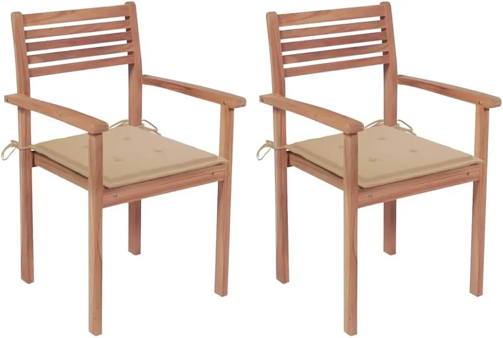 Patio Chairs 2 Pcs with Beige Cushions Solid Teak Wood Outdoor Stackable Chairs for Home Office Bar Cafe