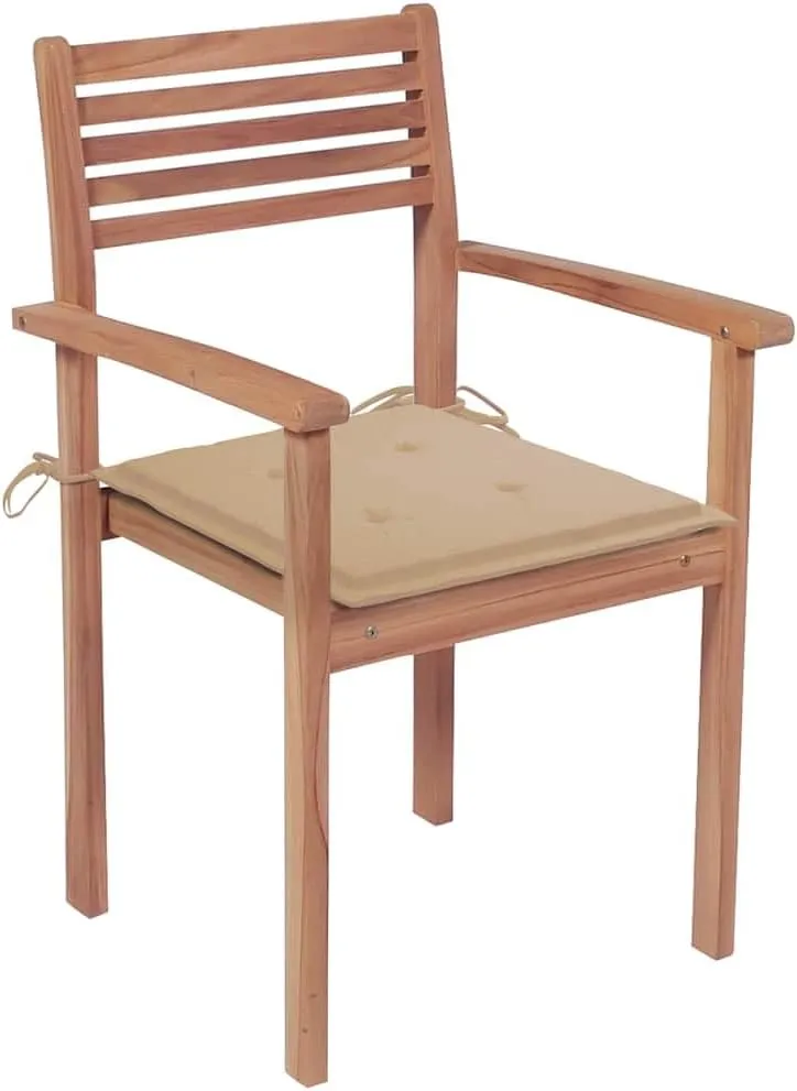 Patio Chairs 2 Pcs with Beige Cushions Solid Teak Wood Outdoor Stackable Chairs for Home Office Bar Cafe
