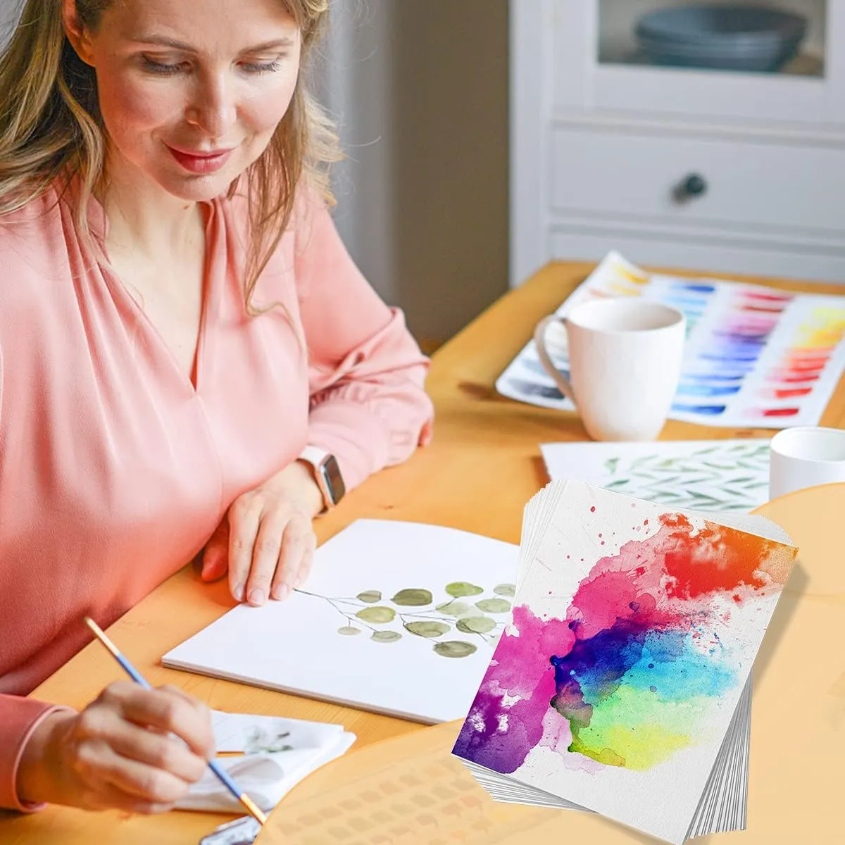 Paul Rubens 60 Sheets Watercolor Paper, Cold Press 50% Cotton&140lb /300gsm Acid-Free Bulk White Paper for Artists, Students & Adults（7.68 * 5.31 inch）