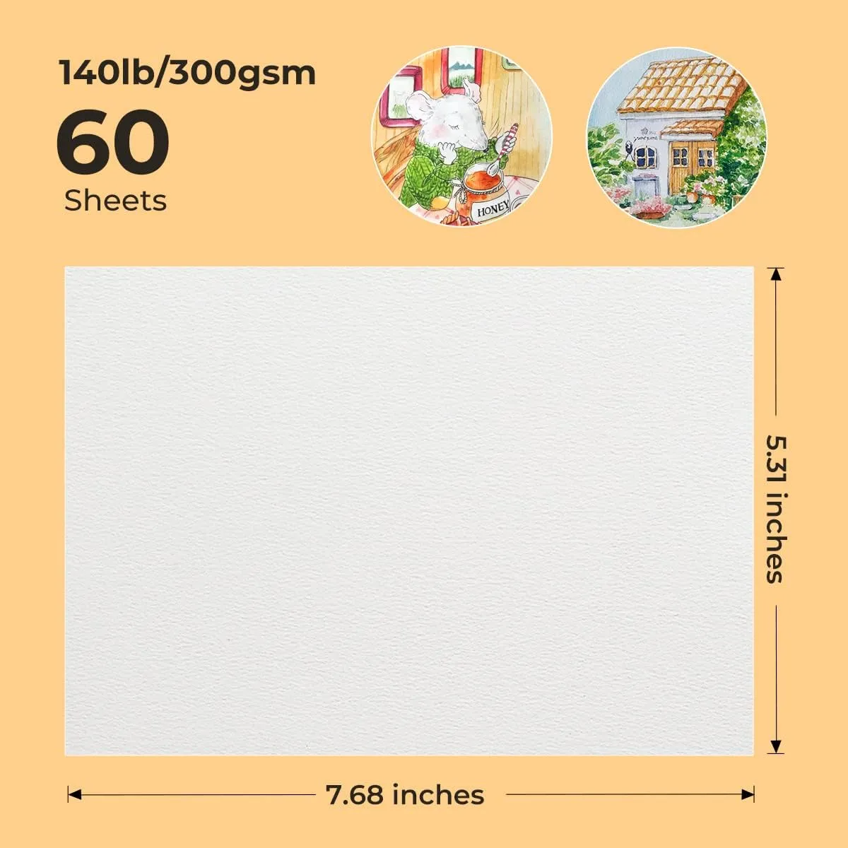 Paul Rubens 60 Sheets Watercolor Paper, Cold Press 50% Cotton&140lb /300gsm Acid-Free Bulk White Paper for Artists, Students & Adults（7.68 * 5.31 inch）