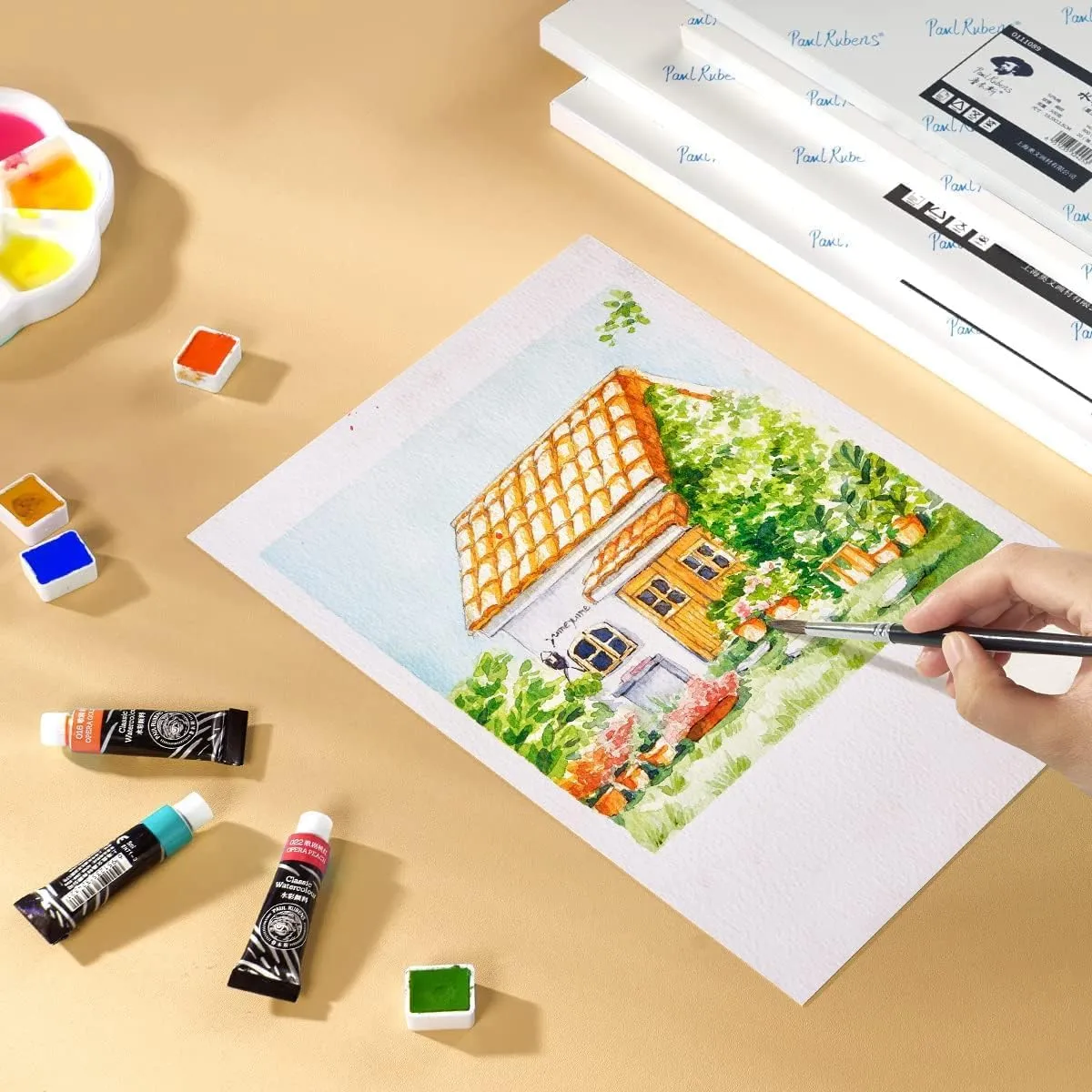 Paul Rubens 60 Sheets Watercolor Paper, Cold Press 50% Cotton&140lb /300gsm Acid-Free Bulk White Paper for Artists, Students & Adults（7.68 * 5.31 inch）