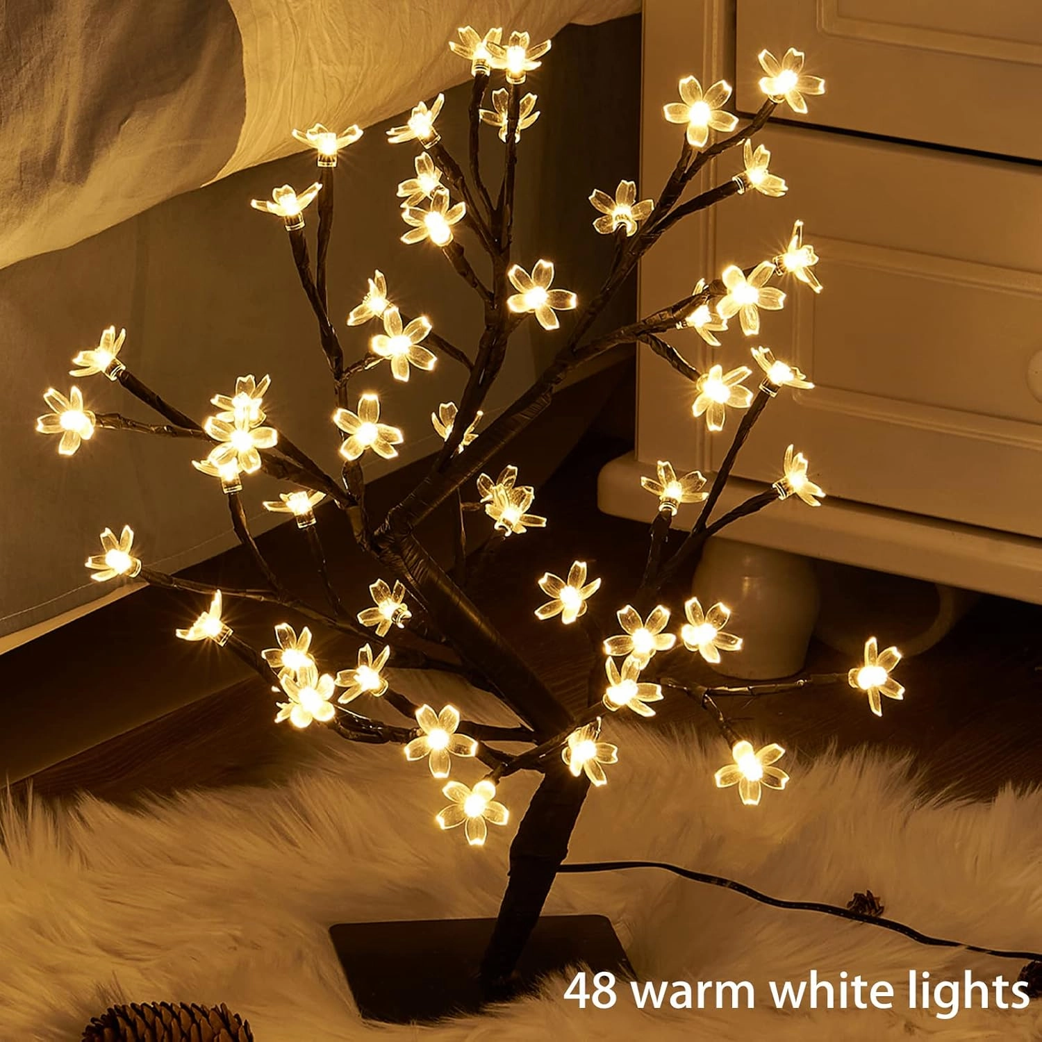 PEIDUO 17.5 Inch Lighted Cherry Blossom Tree, 48 Warm White Lights Plug in Adapter, Light up Bonsai Tree for Christmas Indoor Home Bedroom Living Room, Tabletop Decor Night Light Artificial Tree