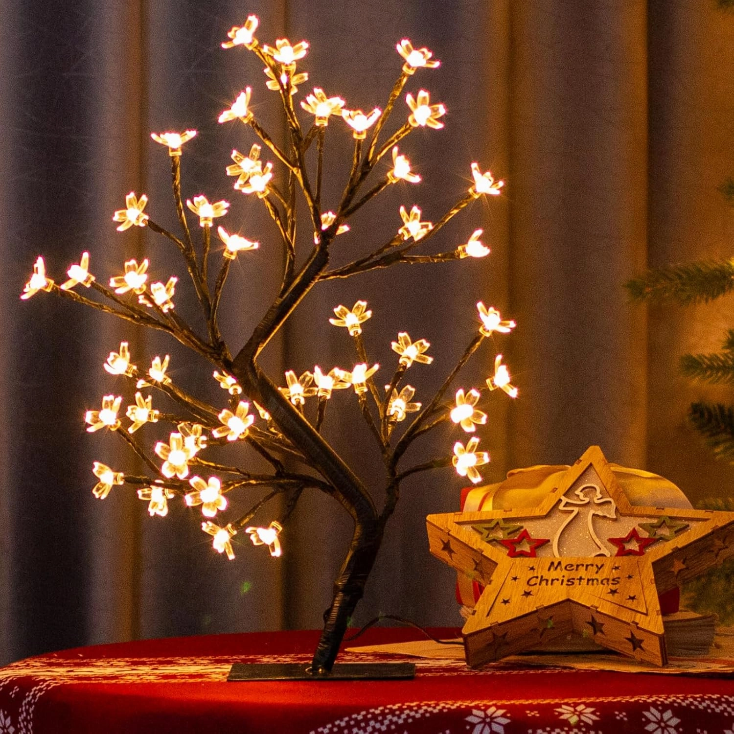 PEIDUO 17.5 Inch Lighted Cherry Blossom Tree, 48 Warm White Lights Plug in Adapter, Light up Bonsai Tree for Christmas Indoor Home Bedroom Living Room, Tabletop Decor Night Light Artificial Tree