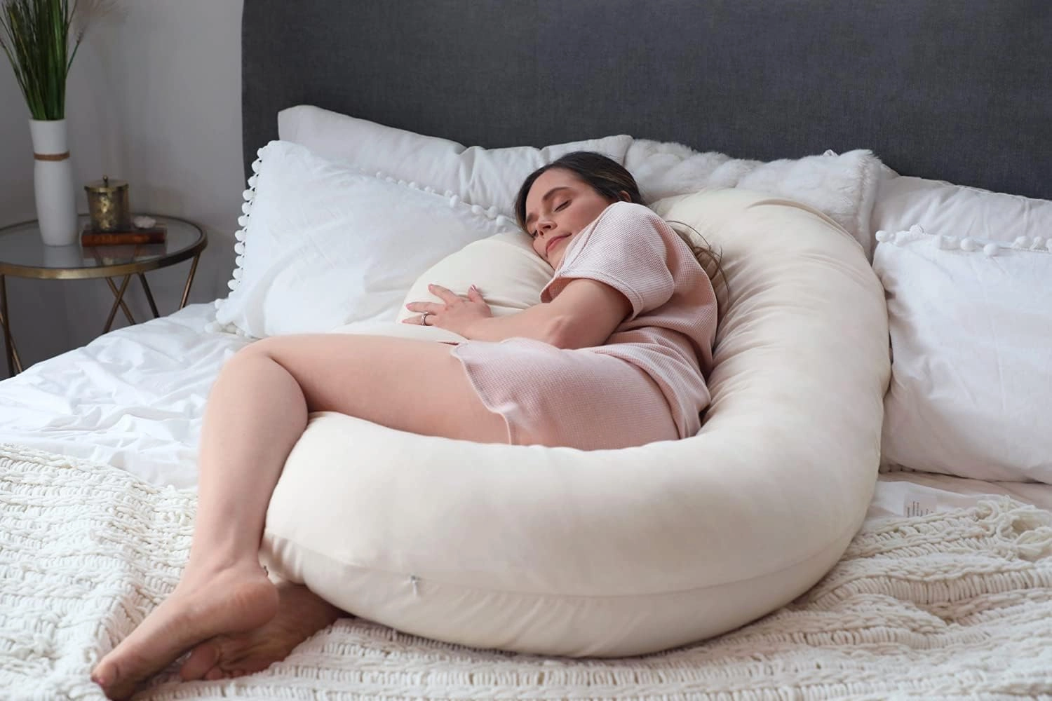 Pharmedoc Pregnancy Pillows, C-Shape Full Body Pillow – Jersey Cover Beige – Pregnancy Pillows for Sleeping – Body Pillows for Adults, Maternity Pillow and Pregnancy Must Haves, New Mom Gifts