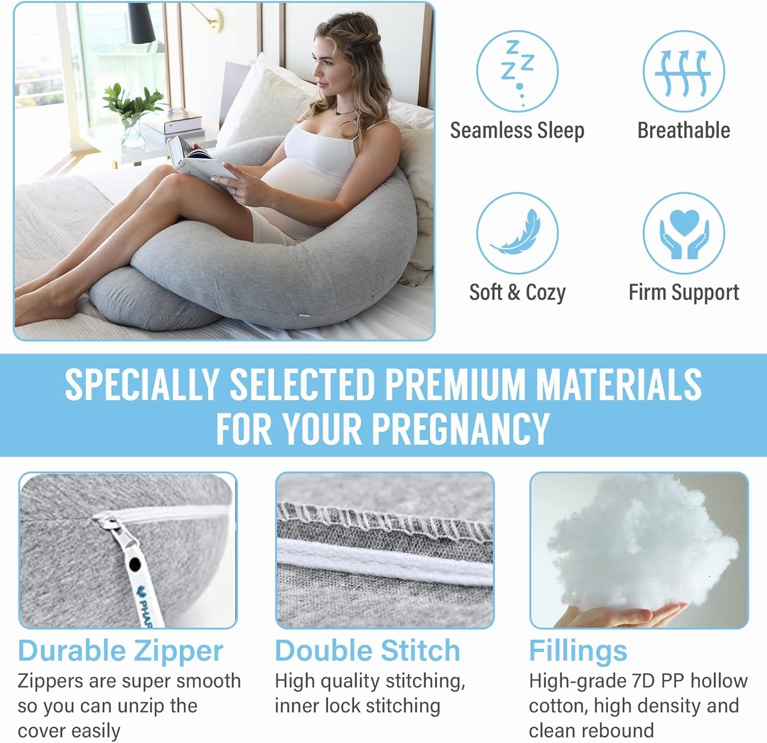 Pharmedoc Pregnancy Pillows, C-Shape Full Body Pillow – Jersey Cover Dark Grey – Pregnancy Pillows for Sleeping – Body Pillows for Adults, Maternity Pillow and Pregnancy Must Haves, New Mom Gifts