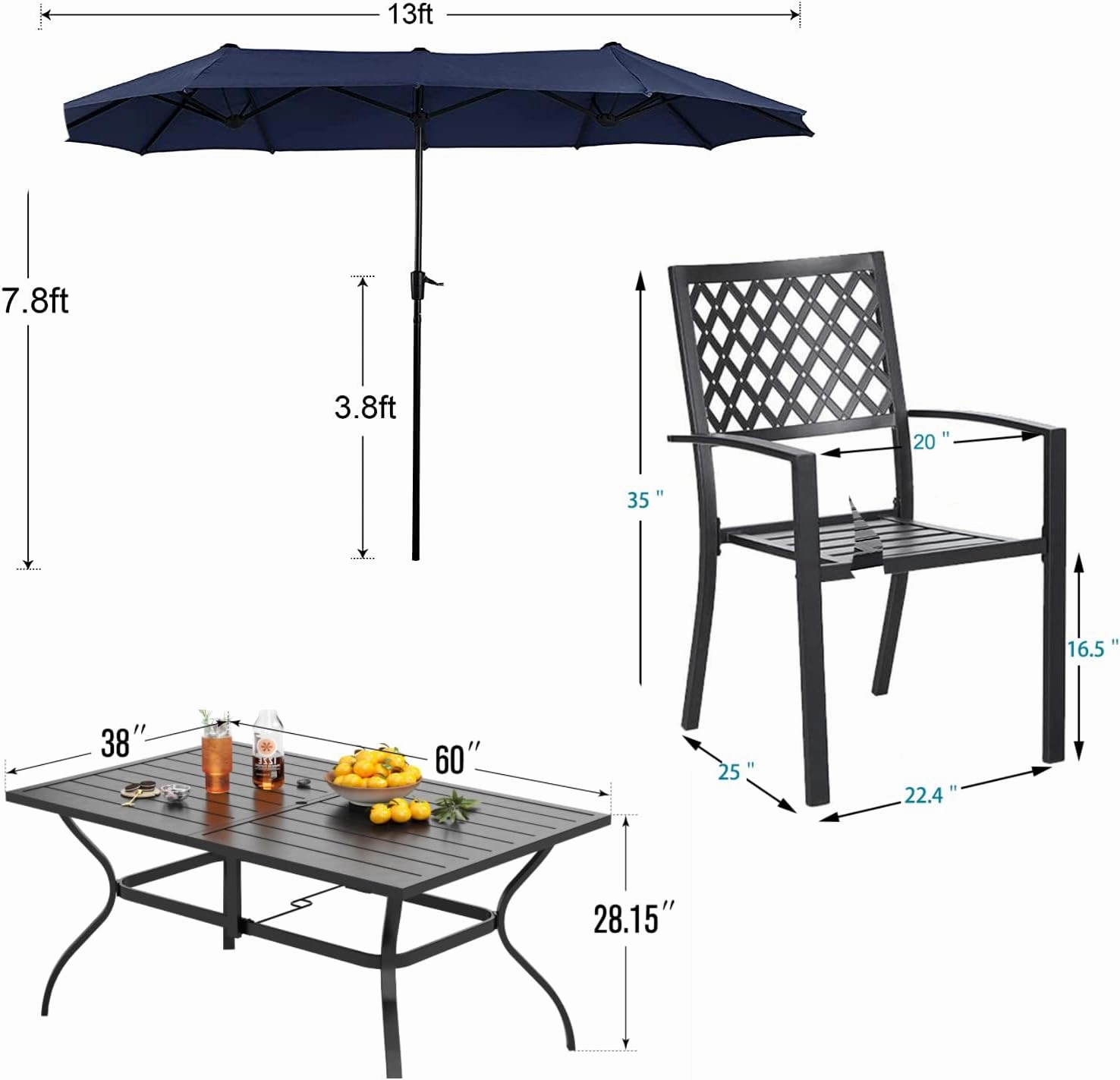 PHI VILLA 8 Piece Patio Outdoor Dining Set with 13ft Double-Sided Patio Umbrella,Metal Outdoor Table Furniture Set with 6 Outdoor Stackable Chairs, 1 Rectangle Dining Table and 1 Large Umbrella