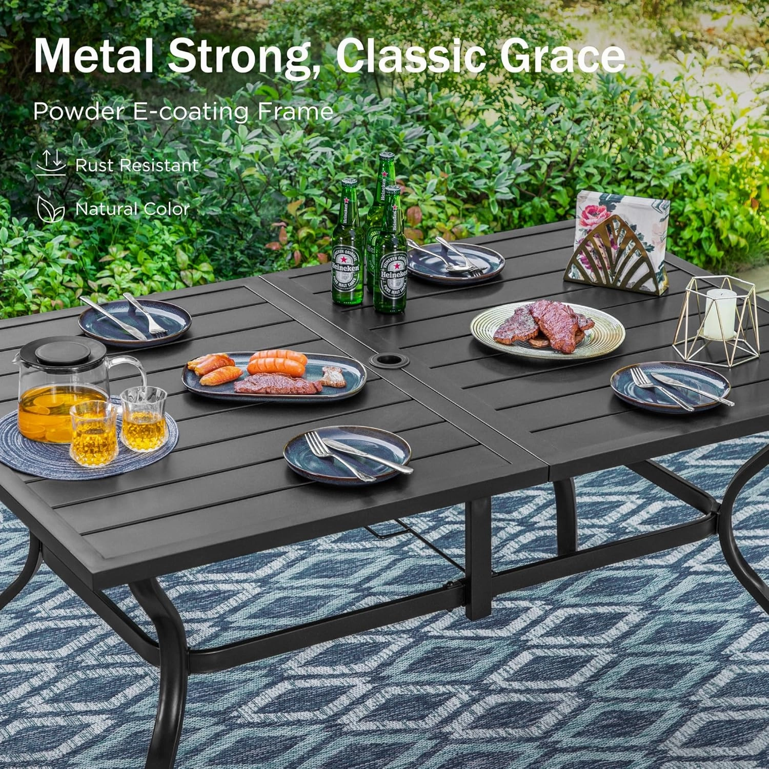 PHI VILLA 8 Piece Patio Outdoor Dining Set with 13ft Double-Sided Patio Umbrella,Metal Outdoor Table Furniture Set with 6 Outdoor Stackable Chairs, 1 Rectangle Dining Table and 1 Large Umbrella