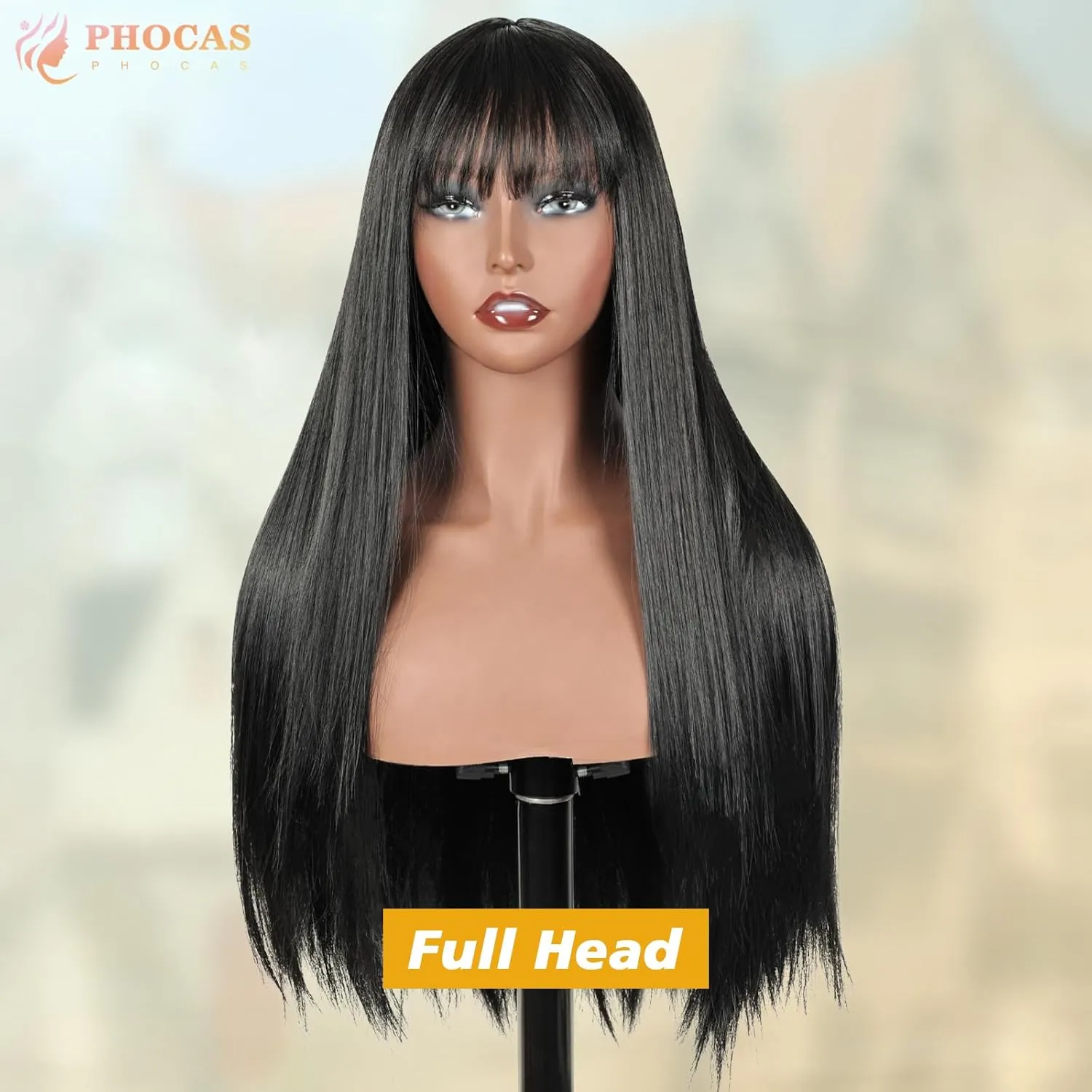 PHOCAS Long Straight Black Long Wig with Bangs Long Dark Wigs Straight Synthetic Wig for Women Daily Party Halloween Use （22inch）
