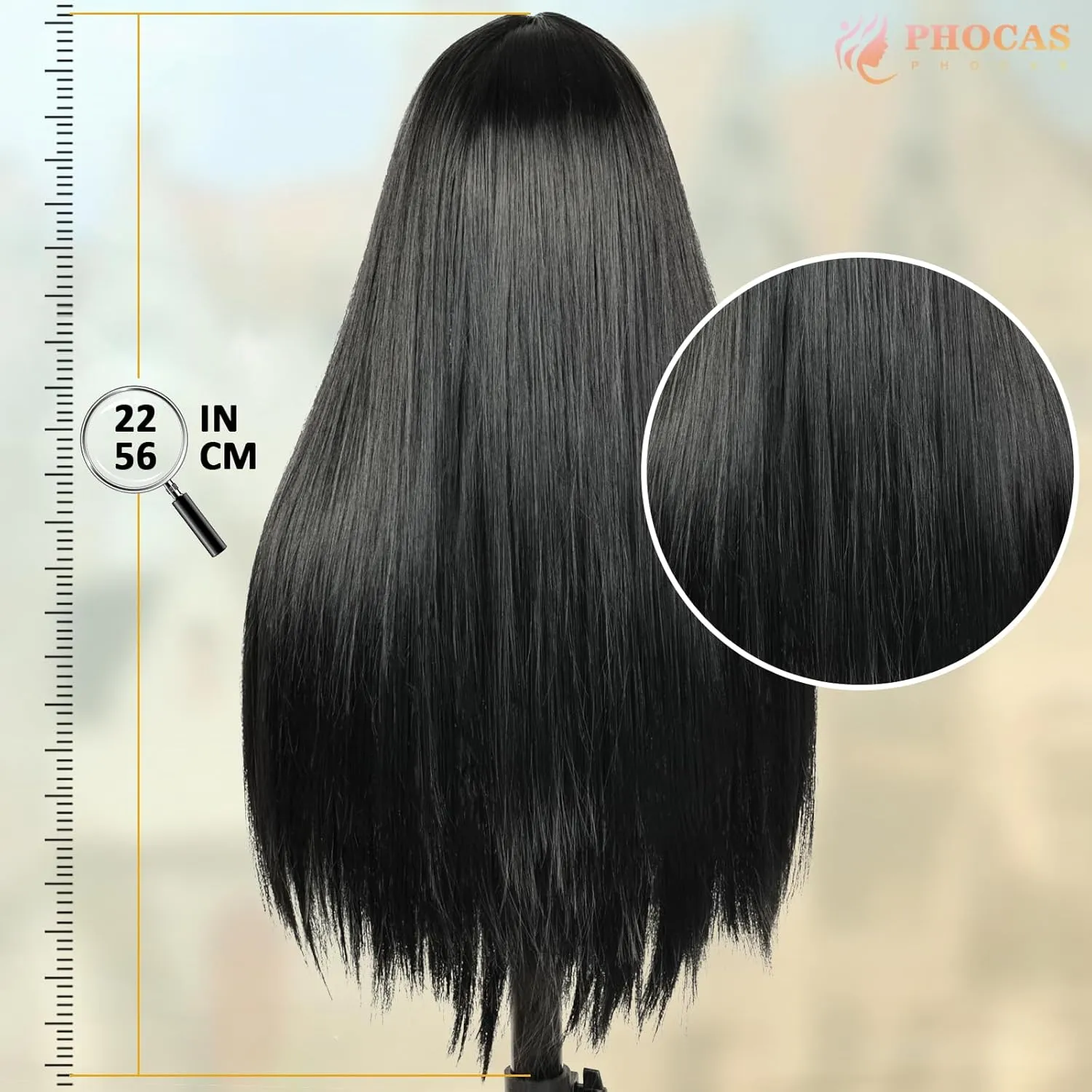 PHOCAS Long Straight Black Long Wig with Bangs Long Dark Wigs Straight Synthetic Wig for Women Daily Party Halloween Use （22inch）