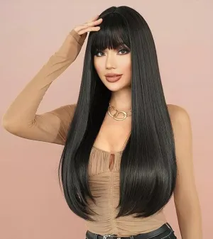 PHOCAS Long Straight Black Long Wig with Bangs Long Dark Wigs Straight Synthetic Wig for Women Daily Party Halloween Use （22inch）