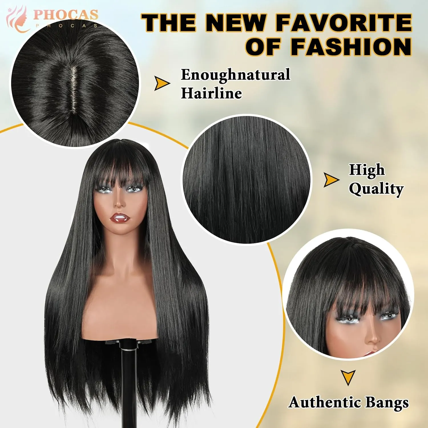 PHOCAS Long Straight Black Long Wig with Bangs Long Dark Wigs Straight Synthetic Wig for Women Daily Party Halloween Use （22inch）