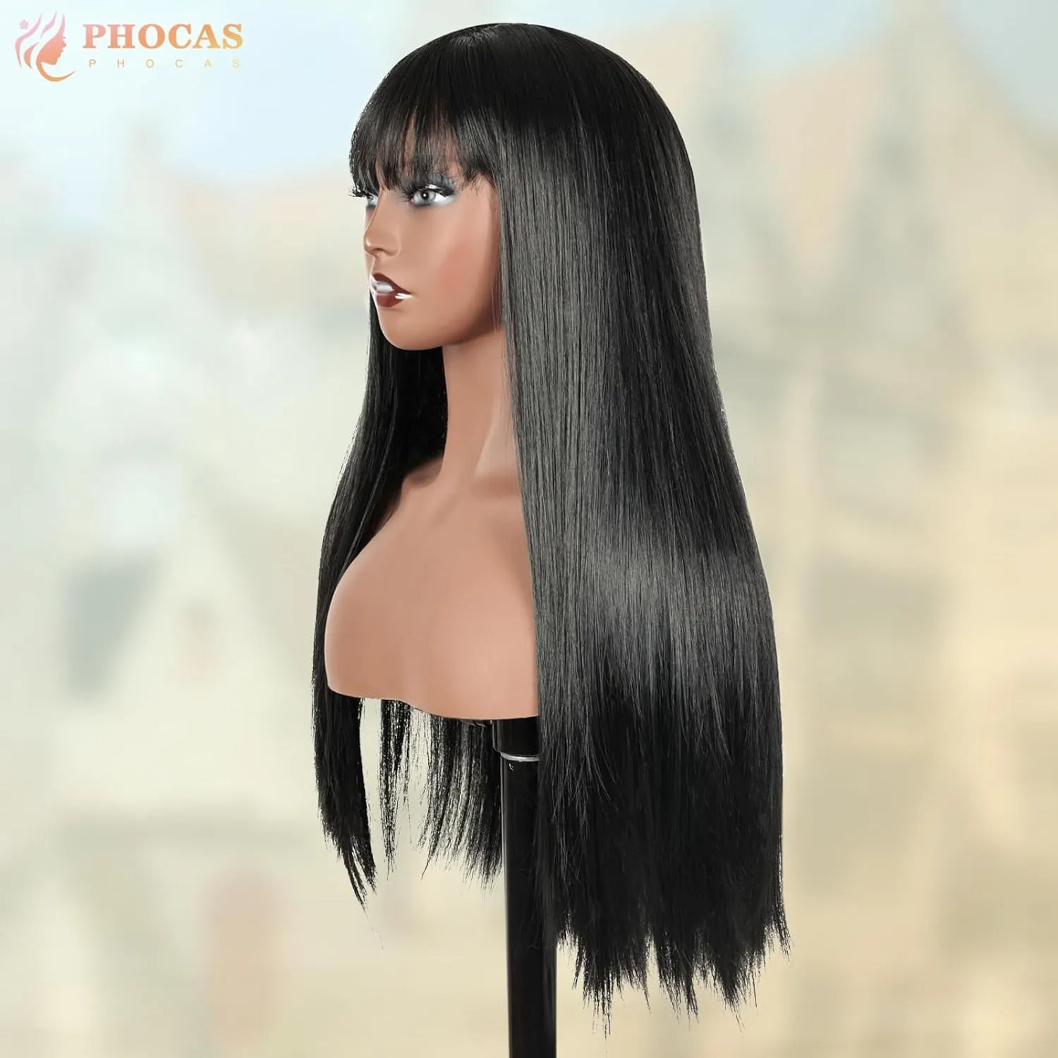 PHOCAS Long Straight Black Long Wig with Bangs Long Dark Wigs Straight Synthetic Wig for Women Daily Party Halloween Use （22inch）