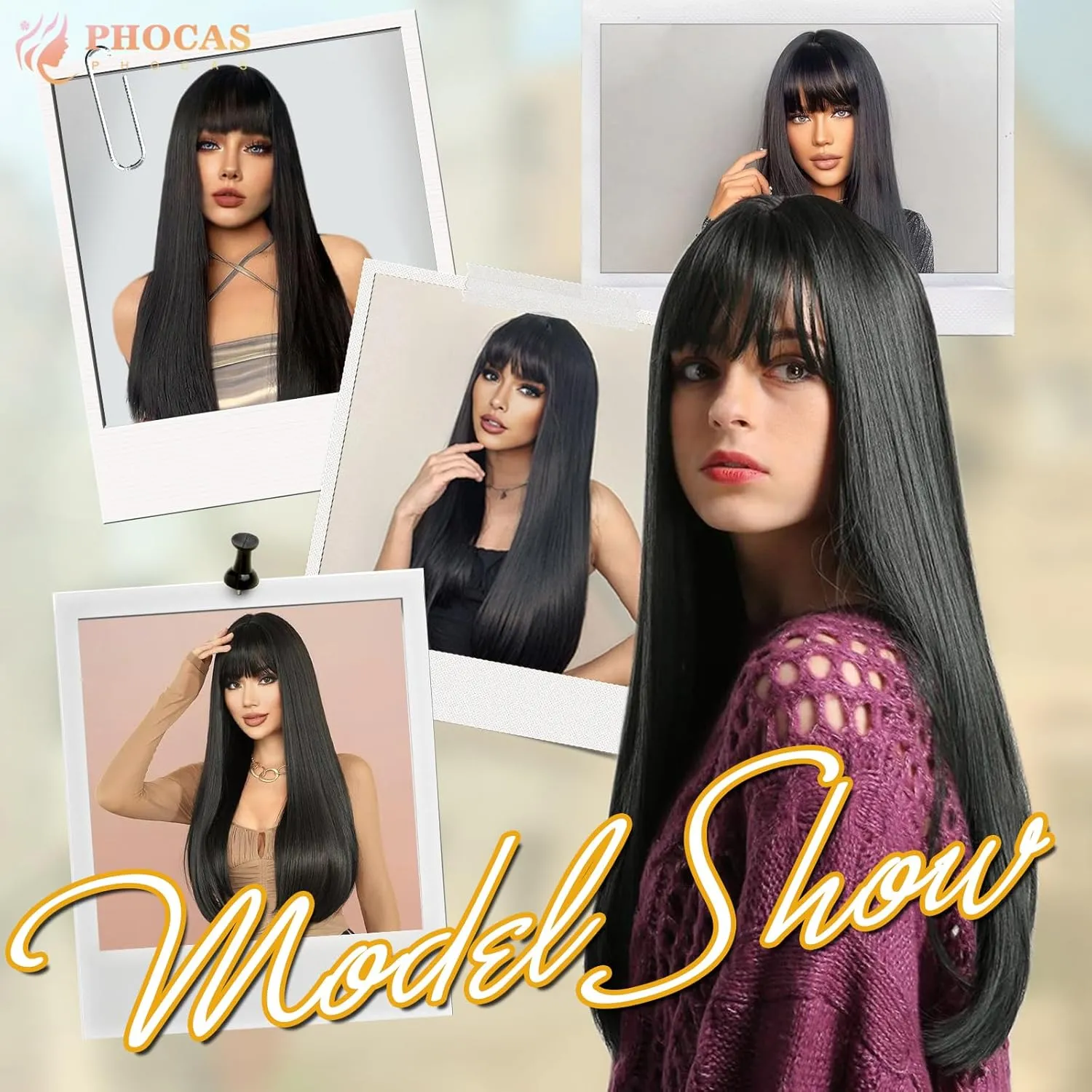 PHOCAS Long Straight Black Long Wig with Bangs Long Dark Wigs Straight Synthetic Wig for Women Daily Party Halloween Use （22inch）