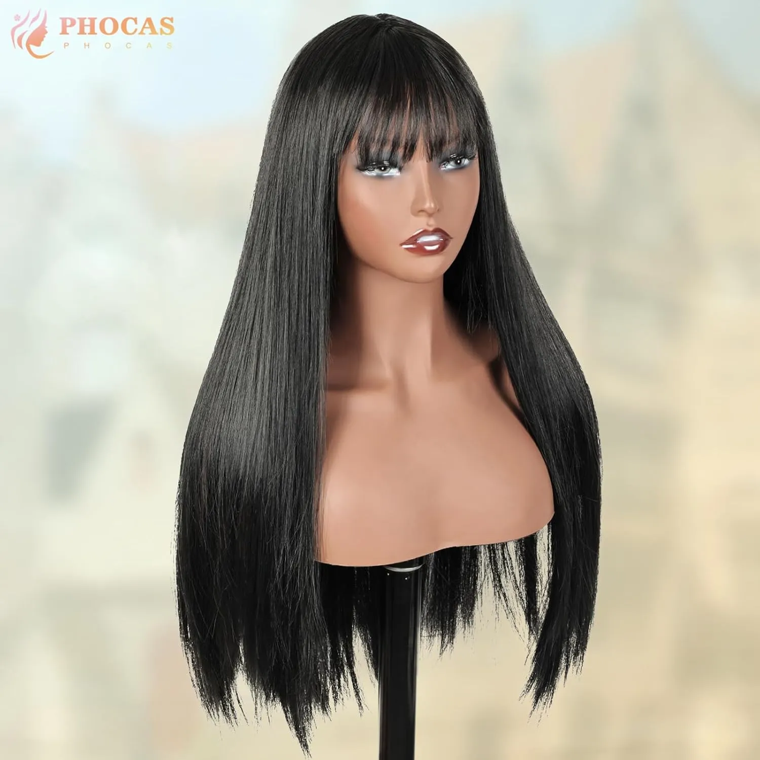 PHOCAS Long Straight Black Long Wig with Bangs Long Dark Wigs Straight Synthetic Wig for Women Daily Party Halloween Use （22inch）