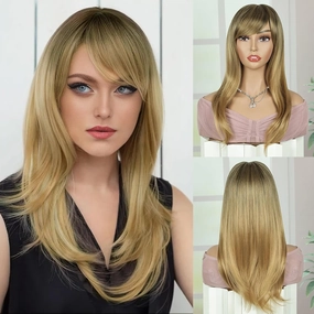 PHOCAS Long Wavy Blonde Wig with Bangs Black Mixed Blonde Long Hair Wigs for Women 20''/50cm
